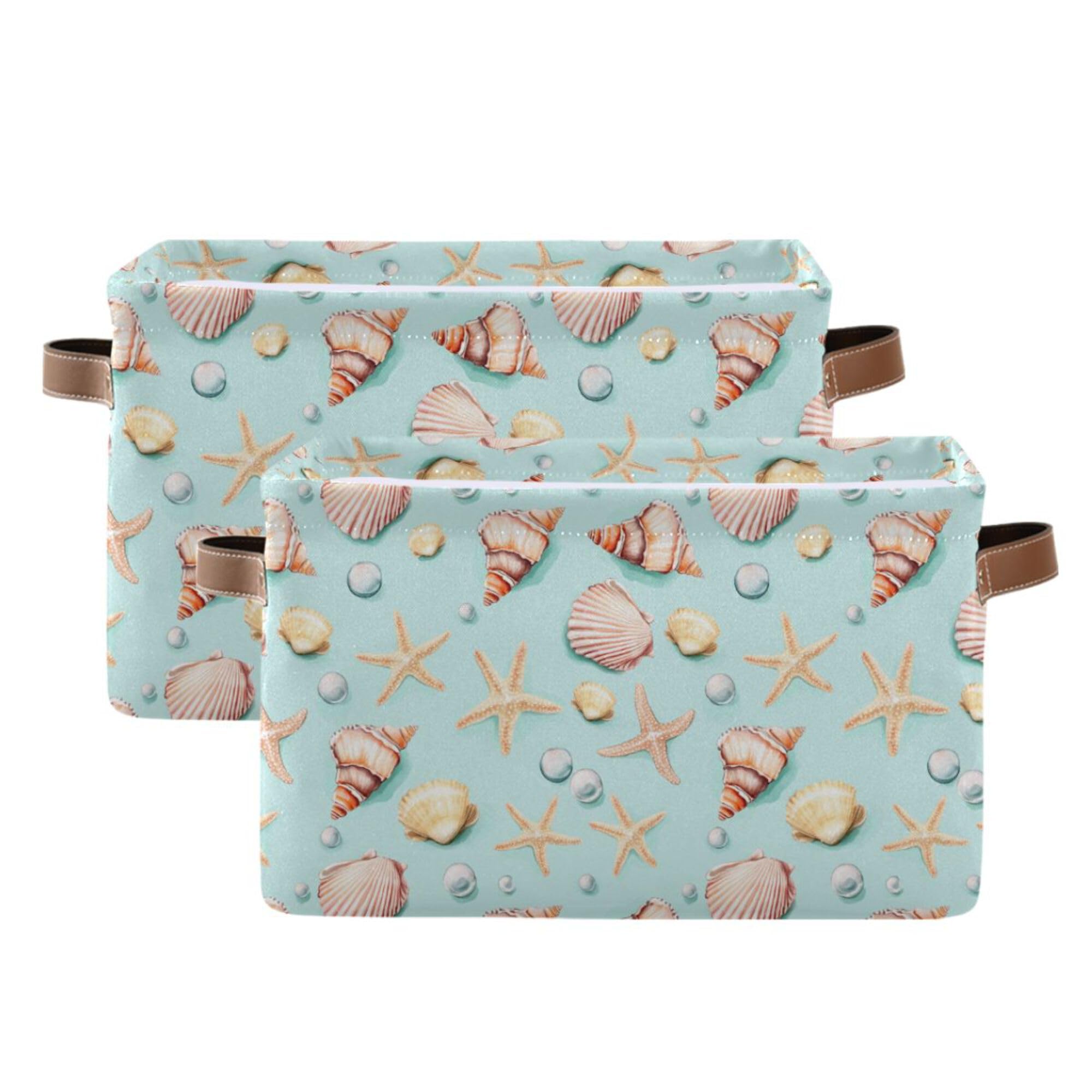 Wamika Citrus Lily Flowers Storage Basket with Waterproof Liner and PU Handles Orange Turquoise Storage Bins Boxes 14.2" Collapsible Decorative Organizer Baskets for Bedroom Closet Office 2 Pack
