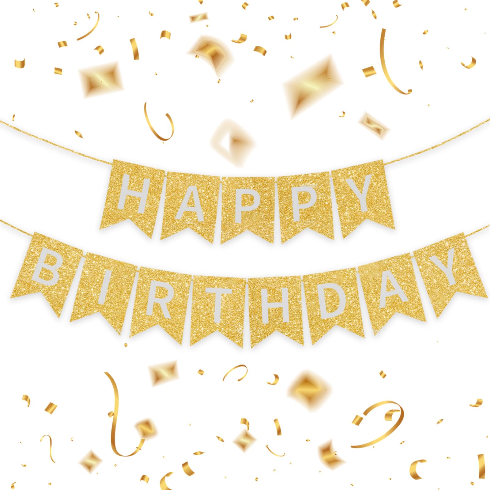 Gold Happy Birthday Banner - 16 ft Pre-Strung Gold Birthday Party Decorations Sign for Girls, Boys, Kids, Women - No DIY Hanging Backdrop for Indoor &