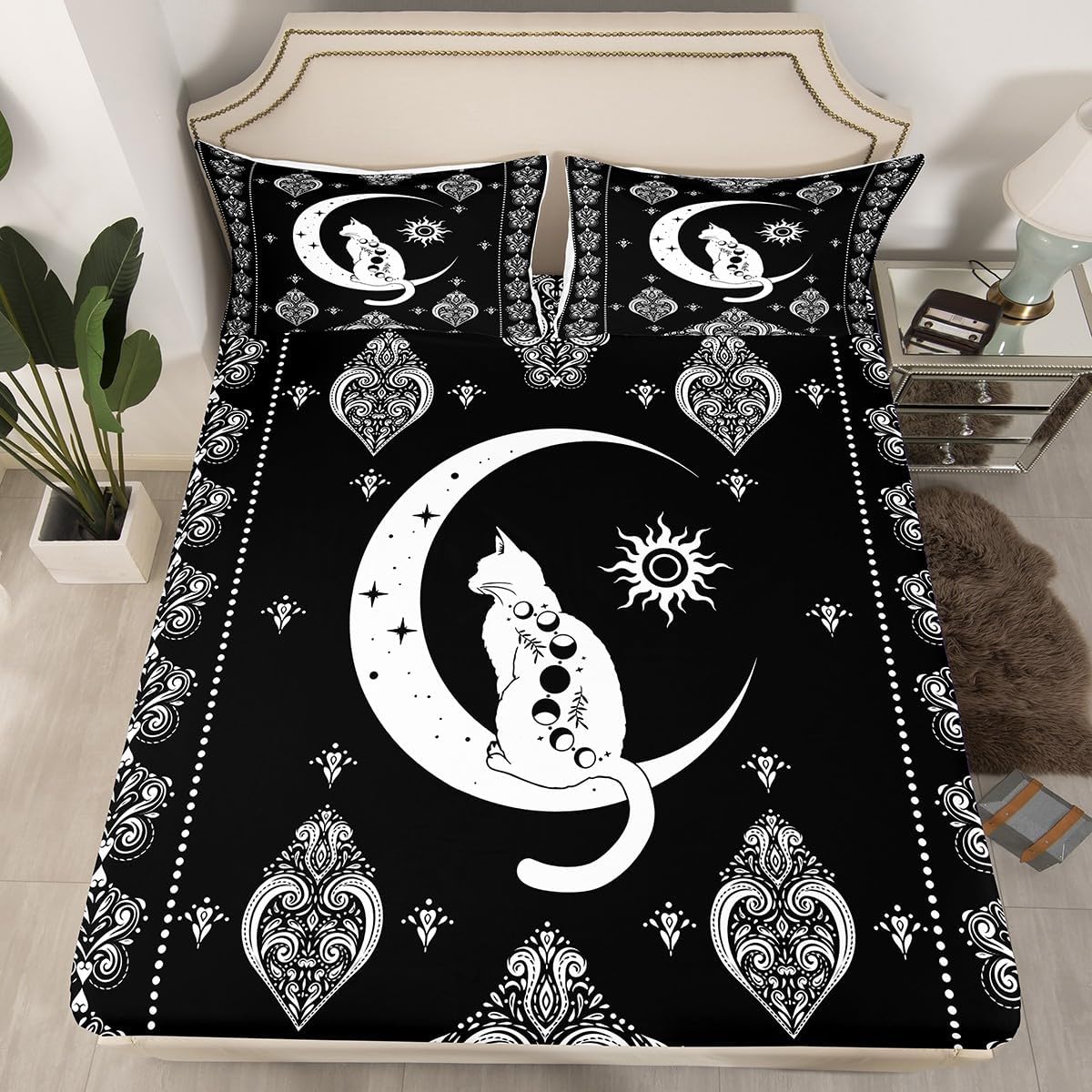 Black White Cat Bed Sheets King Size,Kids Teens Sun Moon Bedding Set Adult 4Pcs,Baroque Love Damask Floral Pattern Fitted Sheet Vintage Hippie Boho Style Animals Top Flat Sheet,2 Pillowcases