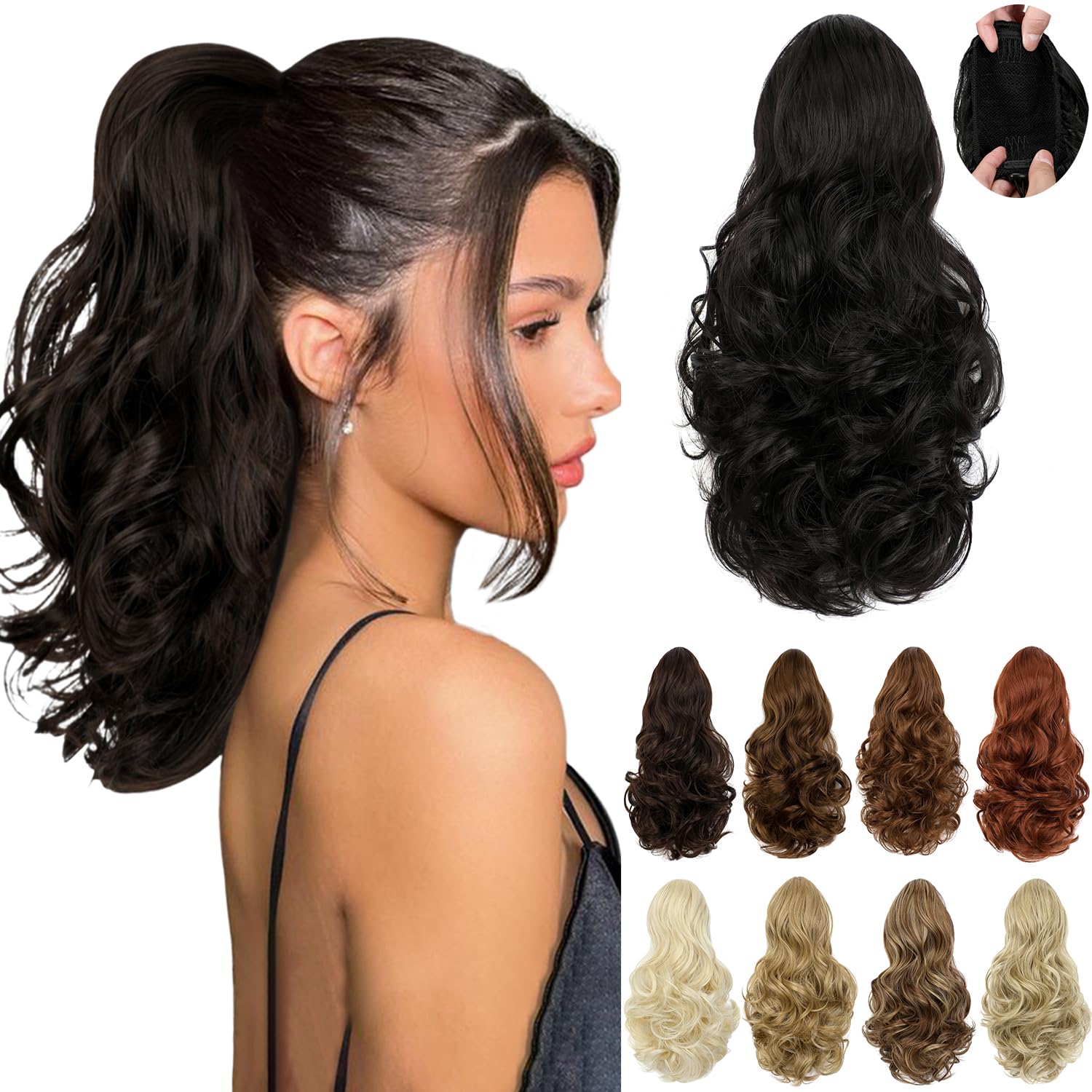 Leterly Ponytail Extension,15" Drawstring Ponytail Hair Extensions Short Wavy Pony Tail Natural Curly Soft Synthetic Hairpiece for Women Natural Black