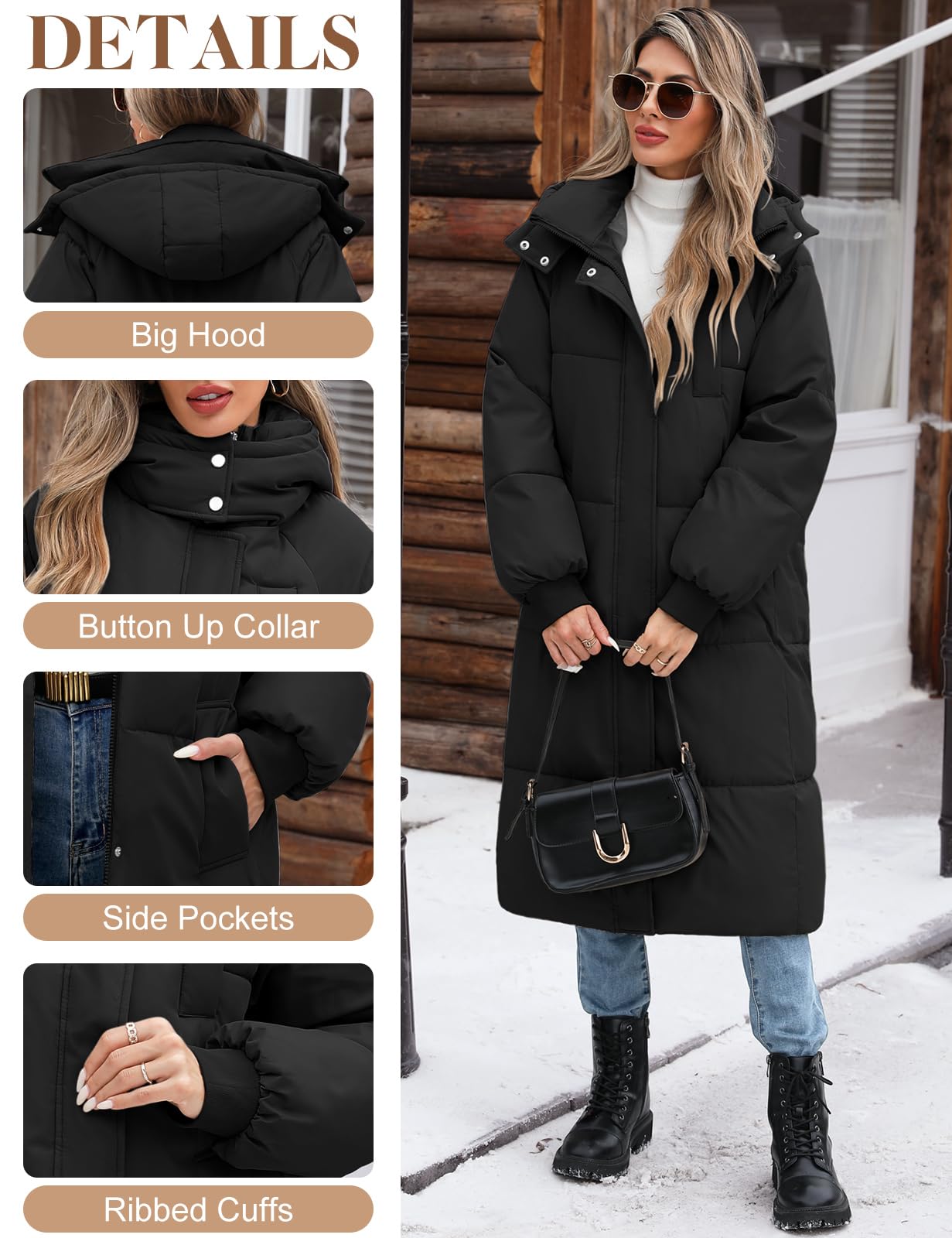 Vancavoo Doudoune Femme Longue Manteaux à Capuche Hiver Matelassée Épaisse Veste Chaude Parka Blouson Outercoat avec Zippé