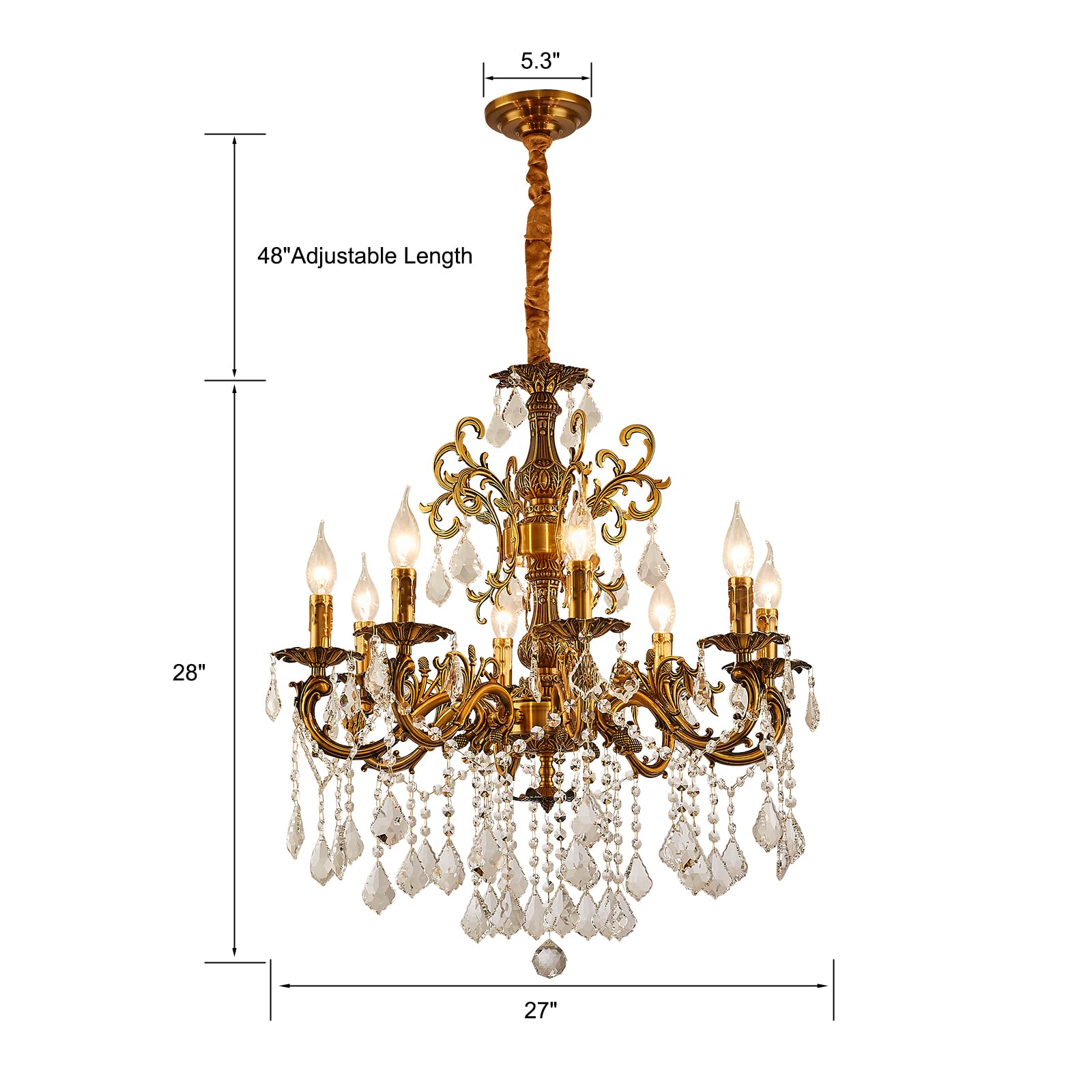 Vintage 8 Arms Crystal Chandelier Candle Light Fixture for Dining Room Living Room Bedroom Hallway Entryway Antique Gold Finish (27