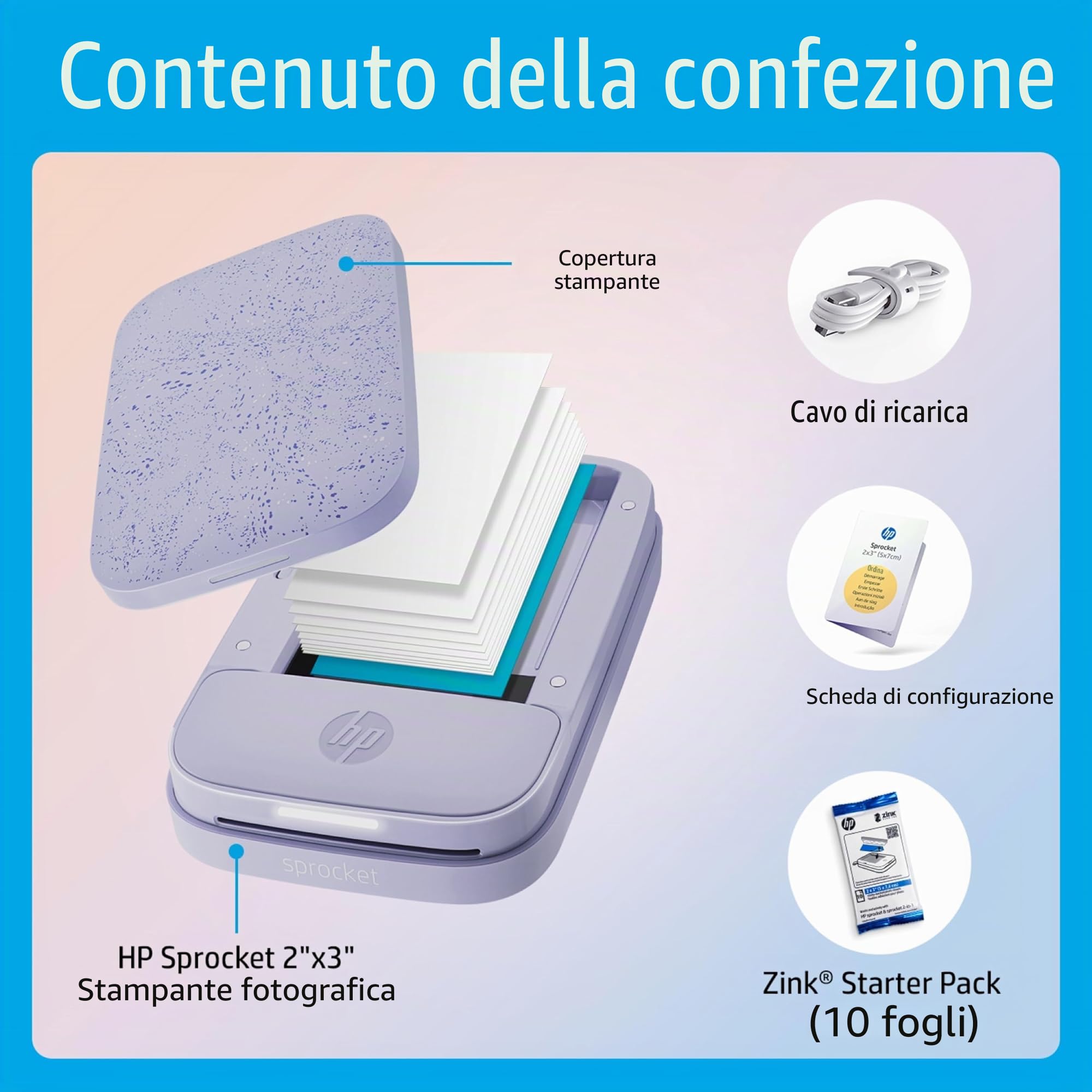 HP Sprocket Stampante fotografica istantanea portatile 2x3 pollici (Viola) Album di ritagli pacchetto