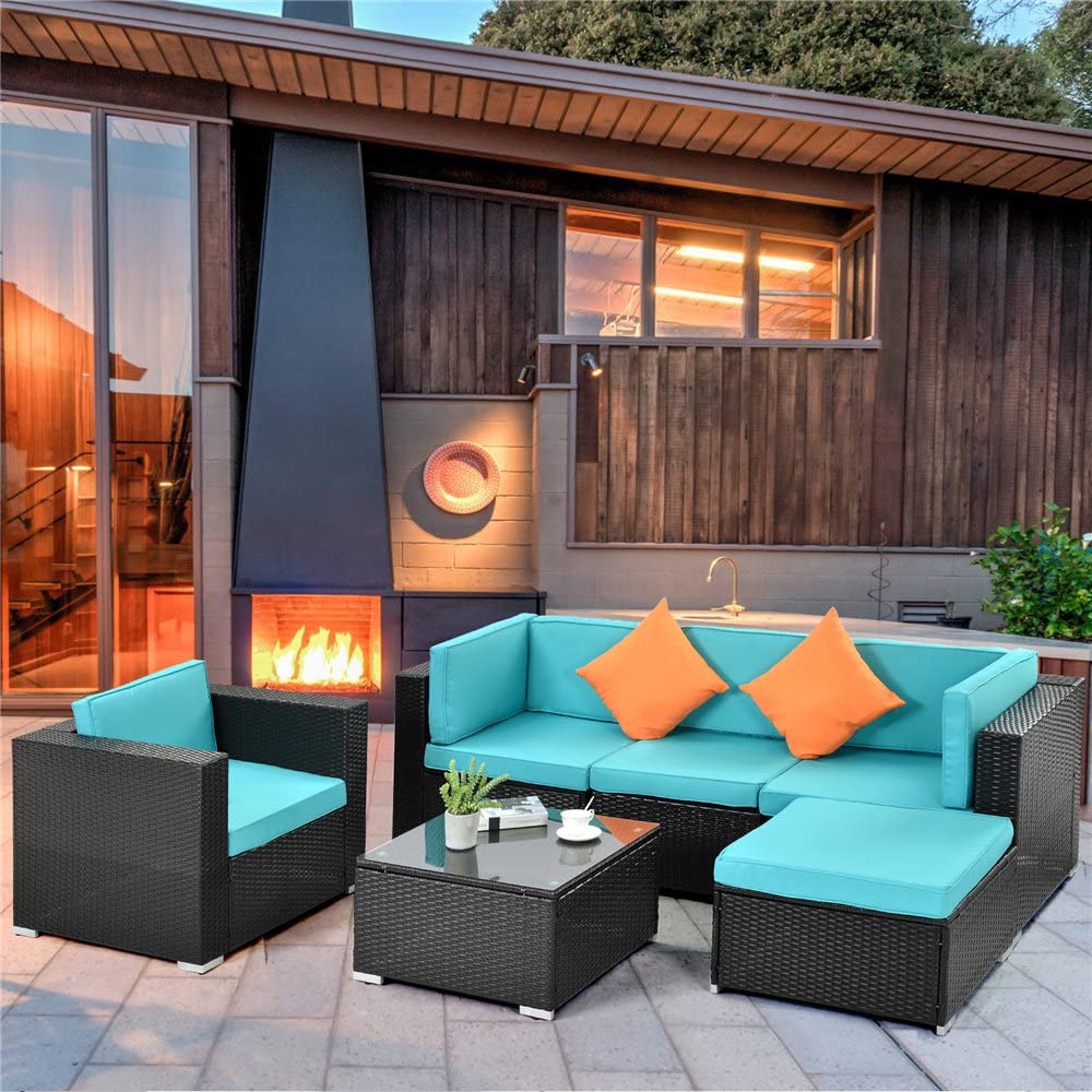 DEVOKO Patio Furniture Set 4-Piece Waterproof Outdoor Sectional Sofa with Washable Soft Cushion Wicker Patio Furniture for Outdoor Garden, Balcony, Backyard (Black and Sky Blue)