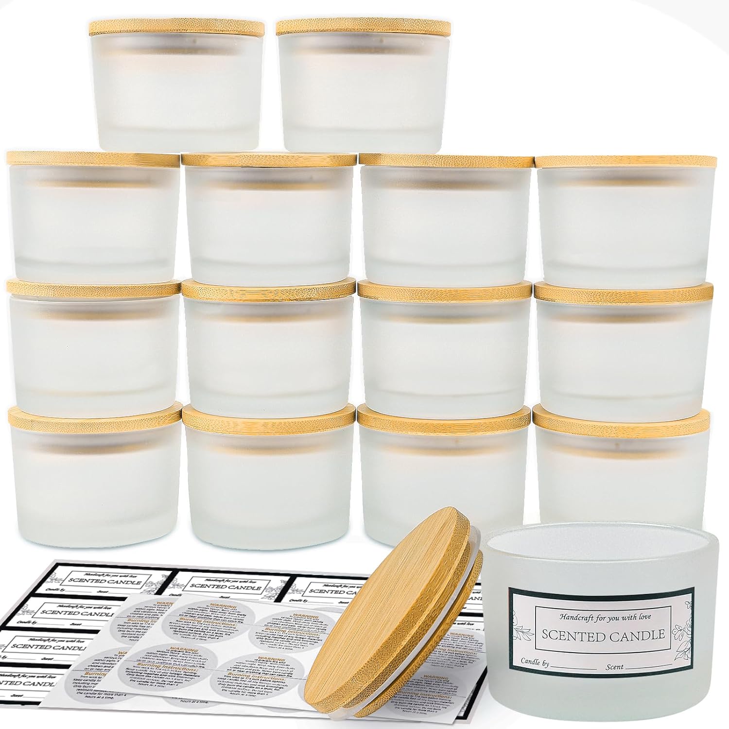 CONNOO 15 Pack 4 OZ Frosted Glass Candle Jars with Airtight Bamboo Lids for Making Candles, Bulk Small Wide Mouth Empty Candle Containers with Sticky Warning Labels - Dishwasher Safe