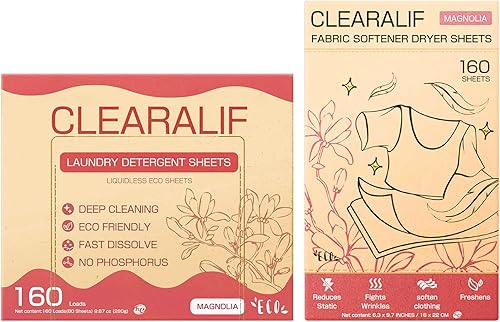 CLEARALIF Kit de sábanas de detergente todo en uno, aroma a magnolia, hojas de lavandería de 160 cargas + 160 hojas de secado, juego de lavandería