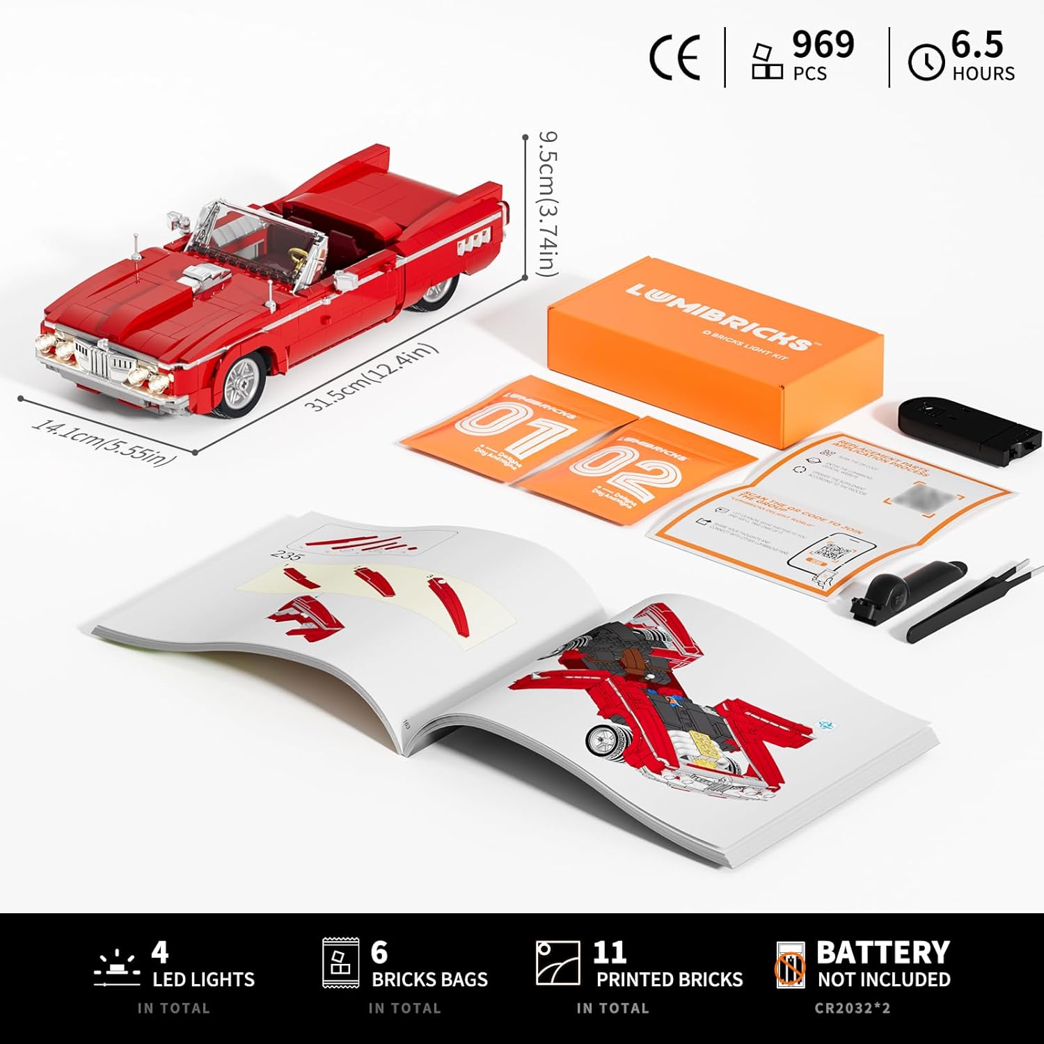 Low Rider Big Red Car Building Bricks Set - Street Fusion Vehicle Engineering Lighting Model Modular Collection Kit 969 Pcs for Adults & Teens & Car Lovers