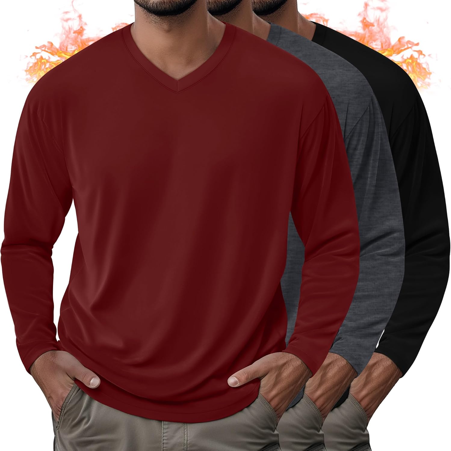 3 Pack Men's Thermal Long Sleeve Shirts V Neck Fleece Lined Loose Fit Warm Base Layer Winter Casual Tops