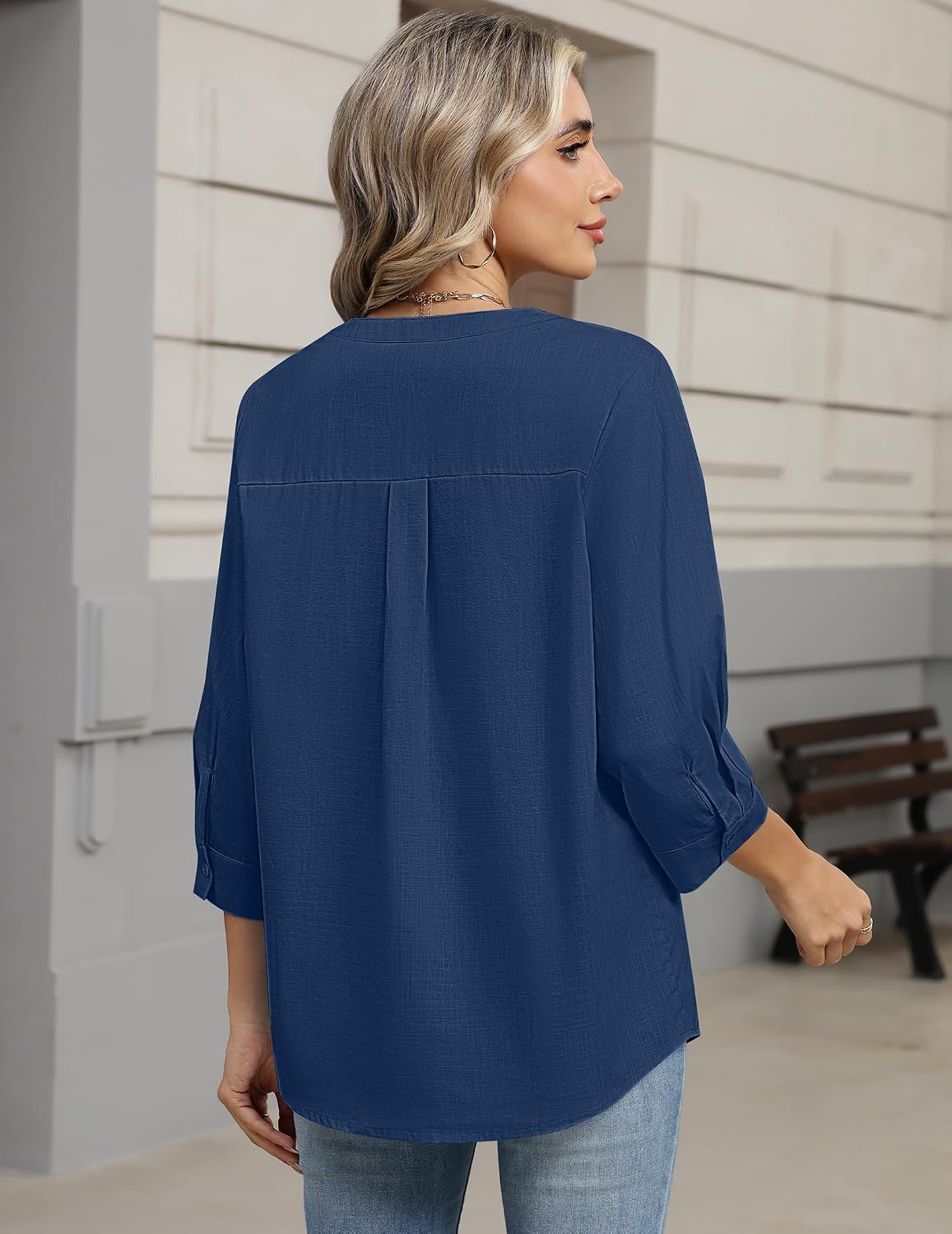 Zeagoo Button Down Shirts for Women 3/4 Sleeve Linen Cotton V Neck Tops Dressy Casual Loose Work Blouses thumbnail