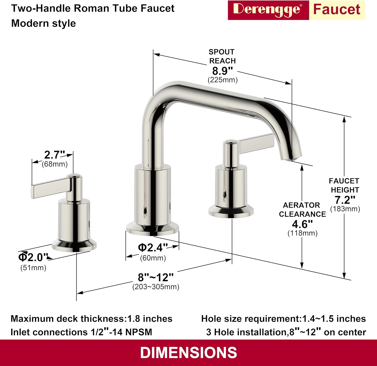 Bathtub Faucet with Valve, 2-Handle Widespread Roman Tub Faucet,3 Hole Deck Mount Roman Bathtub Faucet,Polished Nickel,RF-3055-PN