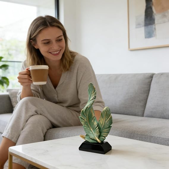 Elegant Resin Figurine Decor - Modern Double Featherr Sculpture with Base Minimalistt Art Statue | Home Decor Feathers Accent for Living Room Bookshelf Office Entryway Study Cafe, Gift Idea | リビング用 テーブルフィギュア リビング 寝室 バスルーム オフィス 本棚 玄関 カフェ 誕生日会