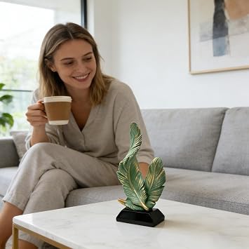 Elegant Resin Figurine Decor - Modern Double Featherr Sculpture with Base Minimalistt Art Statue | Home Decor Feathers Accent for Living Room Bookshelf Office Entryway Study Cafe, Gift Idea | リビング用 テーブルフィギュア リビング 寝室 バスルーム オフィス 本棚 玄関 カフェ 誕生日会