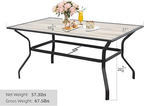Miniatura 5 de Domi - Mesa de comedor para patio, de 60 x 37 pulgadas, mesa rectangular grande de metal con agujero para sombrilla y mesa de aspecto de madera,