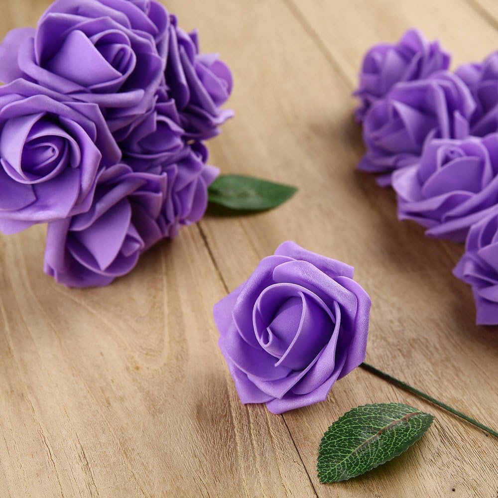 Febou Artificial Flowers, 100pcs Real Touch Artificial Foam Roses Decoration DIY for Wedding Bridesmaid Bridal Bouquets Centerpieces, Party Decoration, Home Display (Concise Type, Purple)