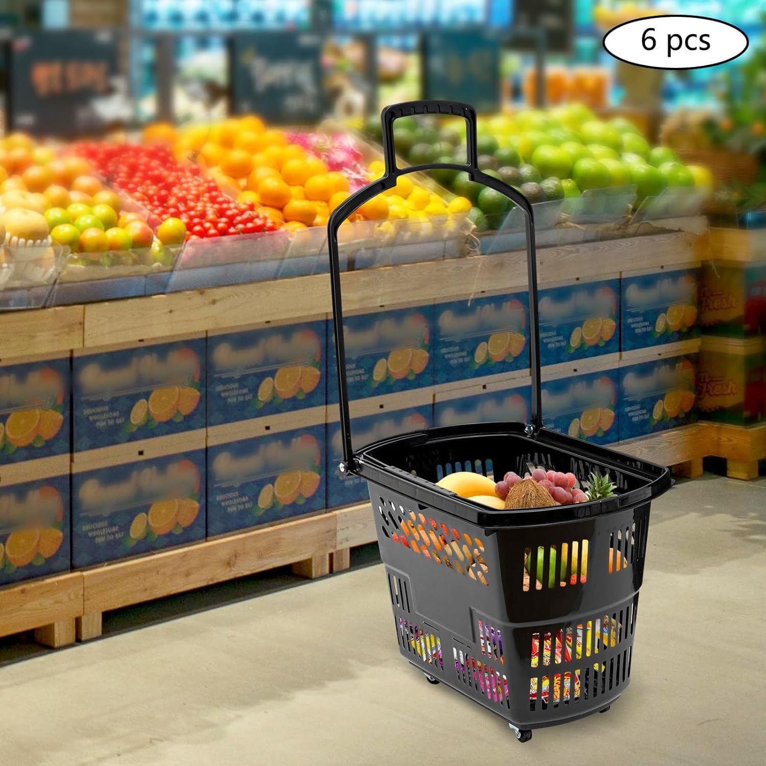 Paquete De 6 Cestas De La Compra Portátiles con Ruedas, Apilables, De 34 litros (9 Galones) para Supermercados, Tiendas Minoristas Y Mercados De Agricultores, Capacidad De 50 Kg (110 Libras