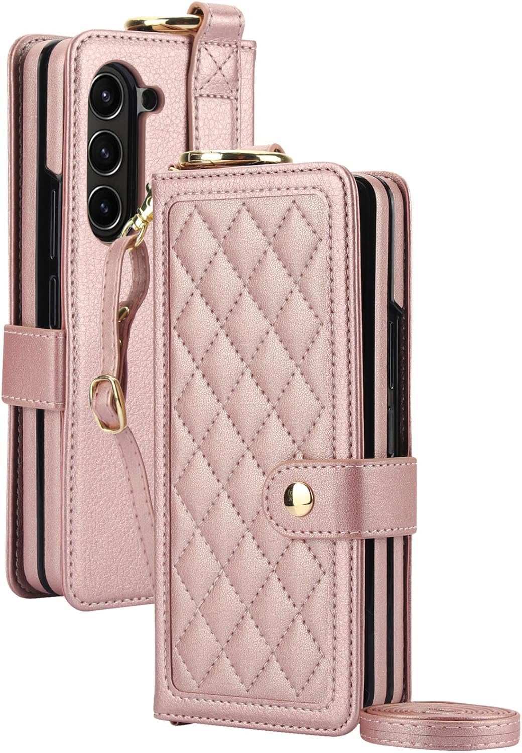 Wallet Case for Samsung Galaxy Z Fold 7, Flip Leather Cover Pen Slot Wristband Lanyard Strap Magnetic Closure Protection Case Gold