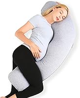 Momcozy J-Shaped Pregnancy Pillow for Side Sleeping - Maternity Body Pillow with Jersey Cover for Head, Neck & Belly Support, Grey