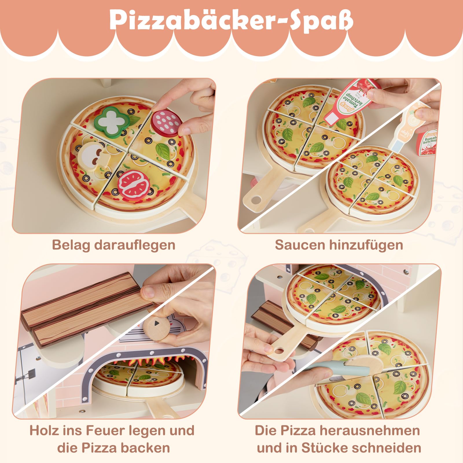 COSTWAY Drewniany wózek do lodów dla dzieci, wózek do pizzy z 41 akcesoriami, w zestawie zestaw do pizzy i lody, sklep z piekarnikiem, tablica magnetyczna i automat kasowy, sklep z lodami do pizzy dla
