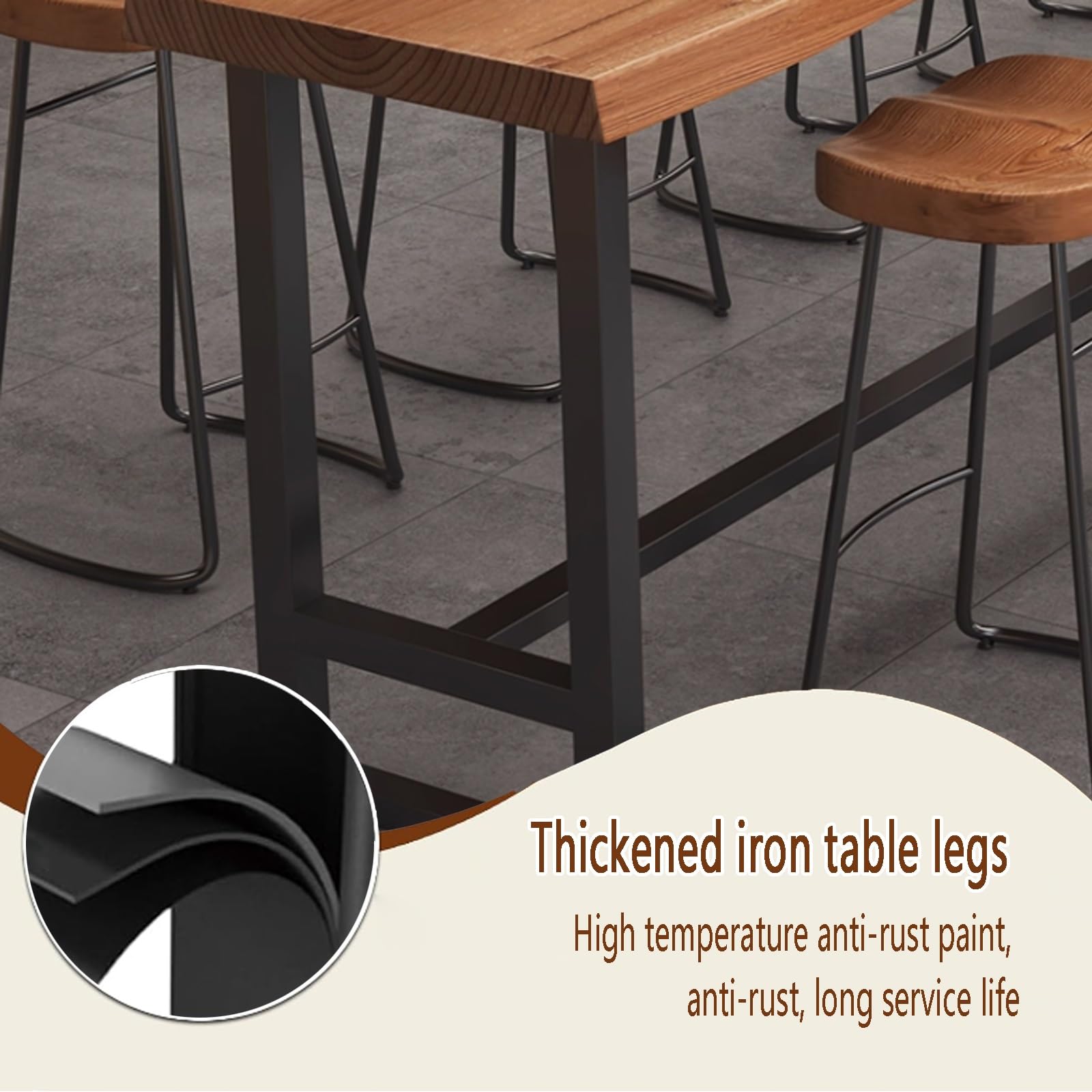 Mesa de comedor industrial de madera maciza Mesa de cocina rectangular bordes irregulares Mesa alta rectangular de madera maciza para bar Mesa alta de mostrador con base de caballete Sin heces(140*35*