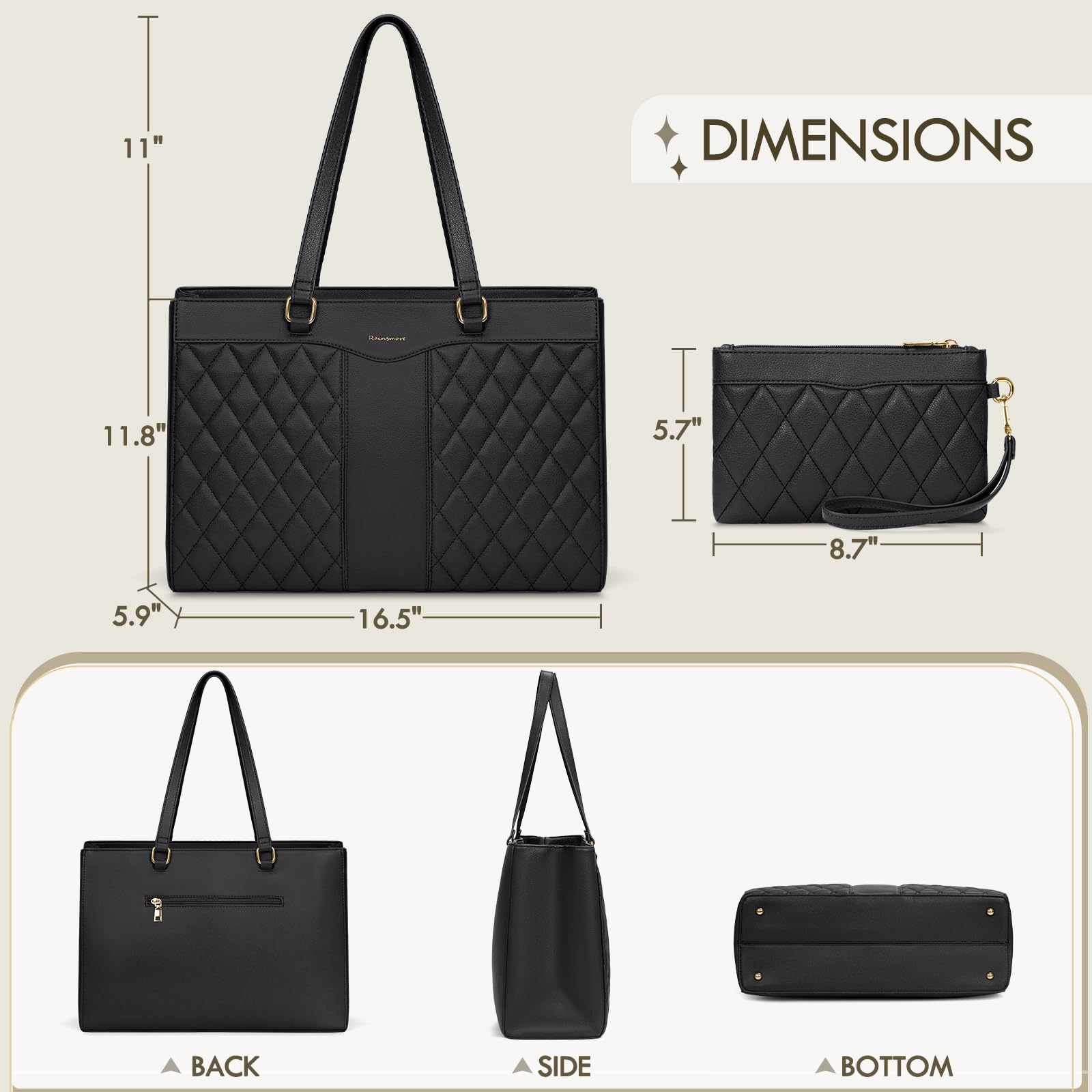 RAINSMORE Laptop Bags for Women 15.6 Inch Work Tote Bags with Clutch, Waterproof PU Leather Ladies Laptop Handbags for Office Business College Black - 5