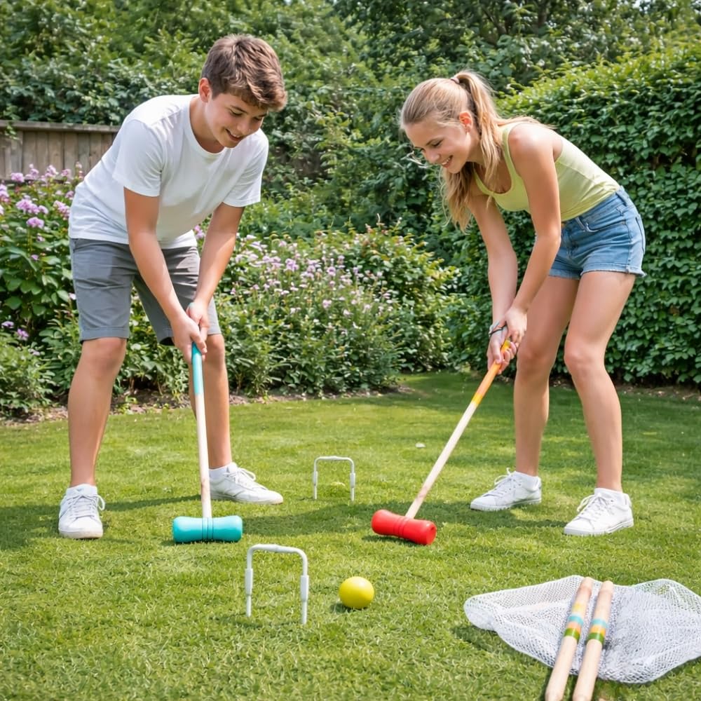 Jeu de Croquet en Bois pour 4 Joueurs, avec Maillets, Boules, Arceaux Métalliques et Filet de Rangement, Jeu de Jardin