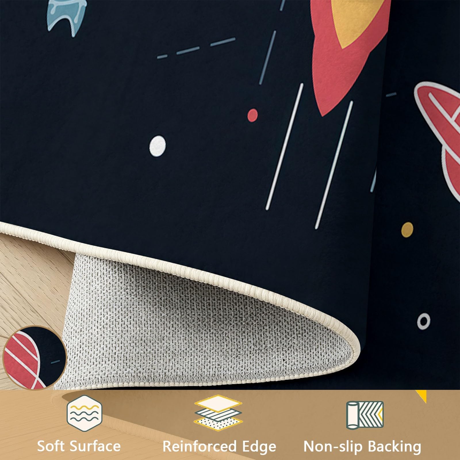 Generisch Alfombra de cohete planetas 160 x 230 cm para salón, dormitorio, comedor, antideslizante, suave pelo corto, dibujos animados, espacio exterior, alfombra negra para fácil limpieza