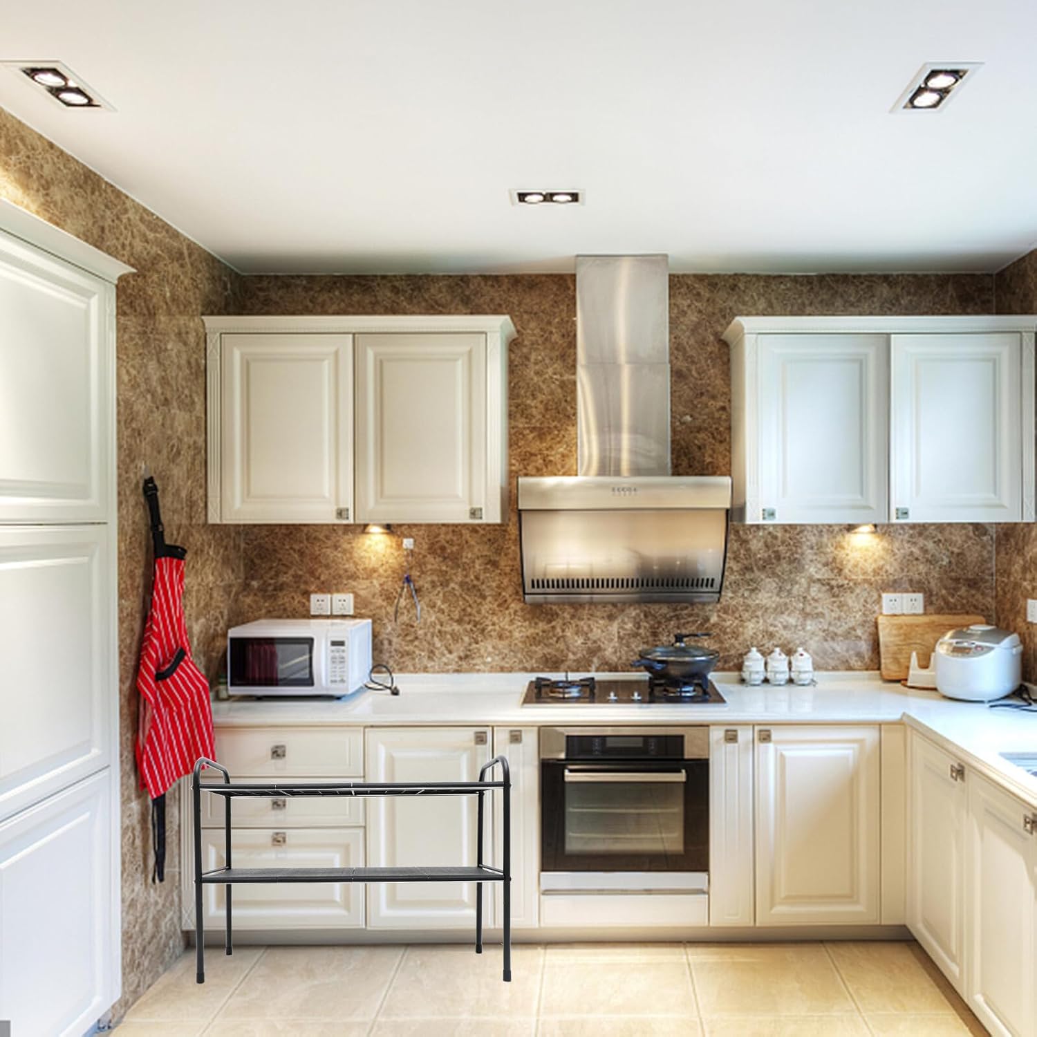 Double-layer Telescopic Kitchen Organizer Rack under Sink Spice Jar Storage Shelf Black with 8 Boards for Cabinet and Countertop Organization