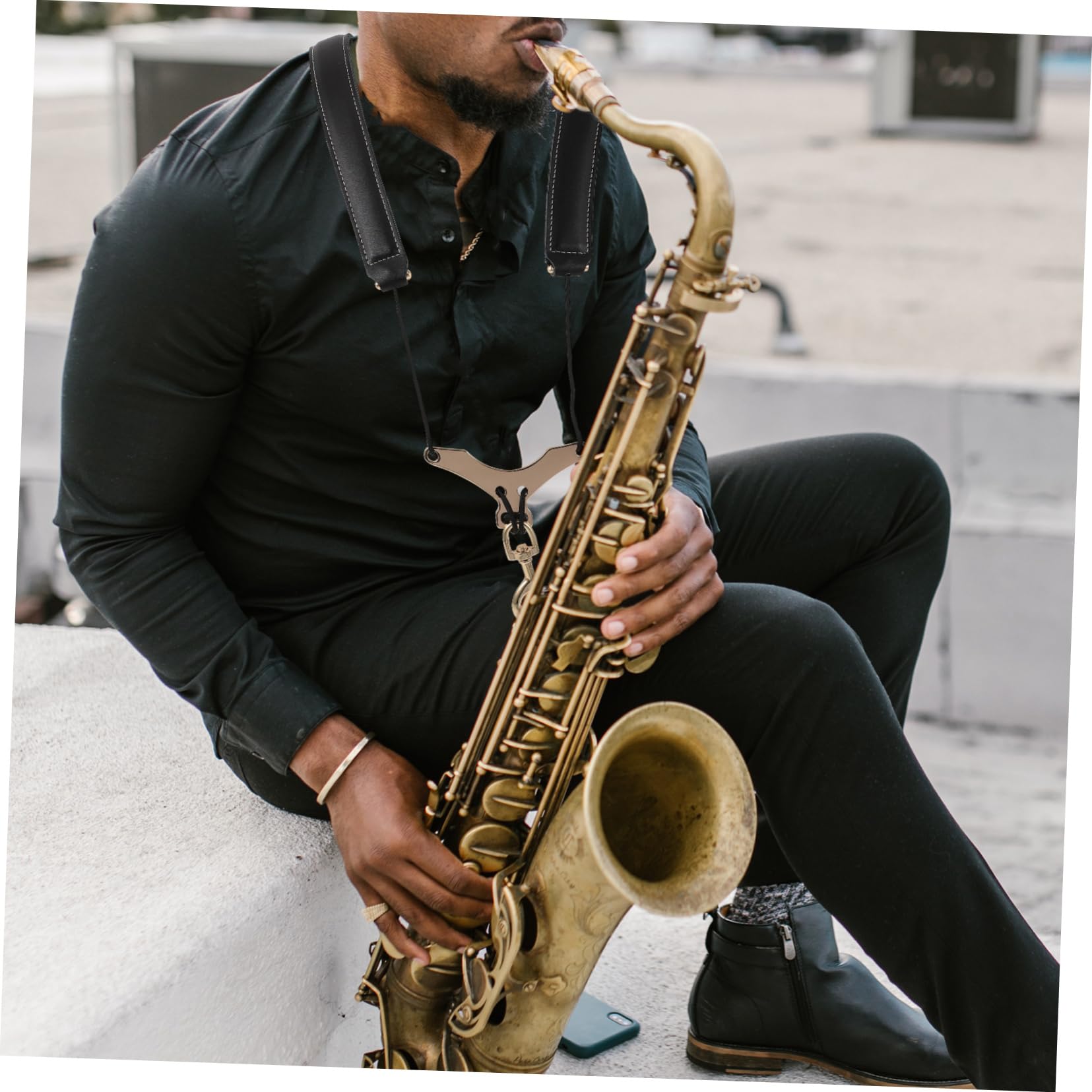 Abaodam Harnais de Saxophone Confortable Noir à 2 Bretelles, Cuir de Vache et Métal Soulage la Nuque pour Alto, Ténor et Soprano