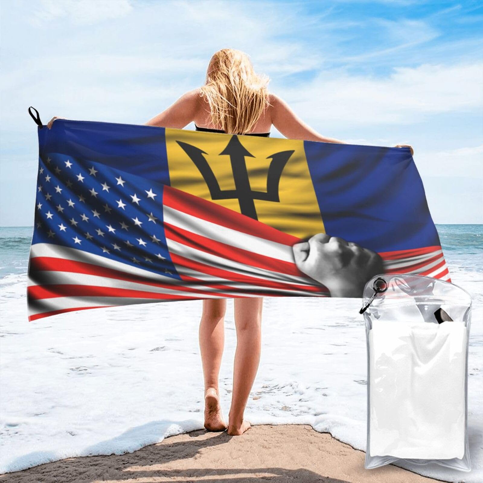 HACXZ Beach Towel America Flag and Barbados Flag Microfiber Beach Towel Lightweight Absorbent 27.5"X55"