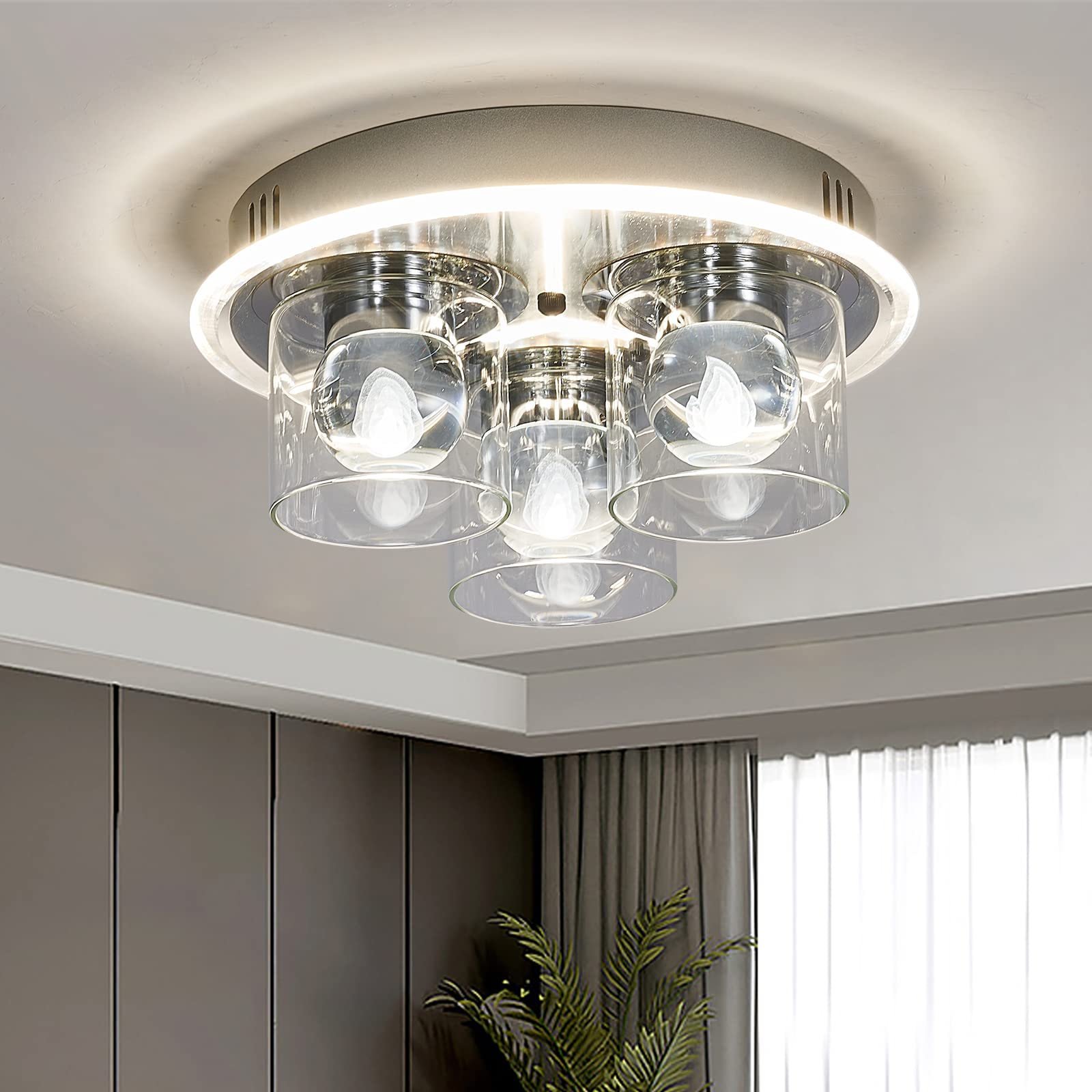 Zhizenl Flush Mount Ceiling Light, Modern Crystal 3-Light LED Ceiling Light, Brushed Nickel Ceiling Light Fixture with Clear Glass Shade for Bedroom, Living Room, Hallway, Kitchen, Bathroom