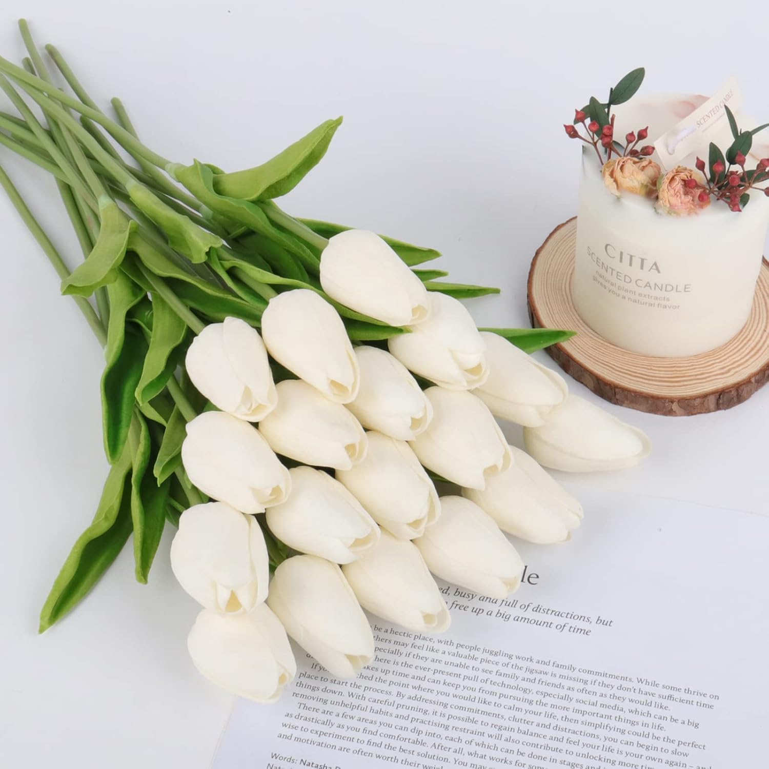 Tulips Artificial Flowers 20 Pcs White Fake Tulip Stems Real Touch PU Tulips for Easter Spring Wedding Bouquet Home Centerpiece Floral Arrangement Table Décor
