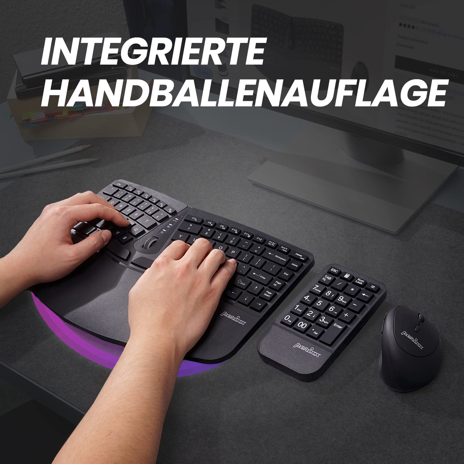 Perixx PERIDUO-606A, bezprzewodowa kompaktowa ergonomiczna klawiatura 3 w 1 z pionową myszą i numerycznym panelem klawiaturowym – regulowana podpórka pod nadgarstki – uchylne koło – płaskie przyciski