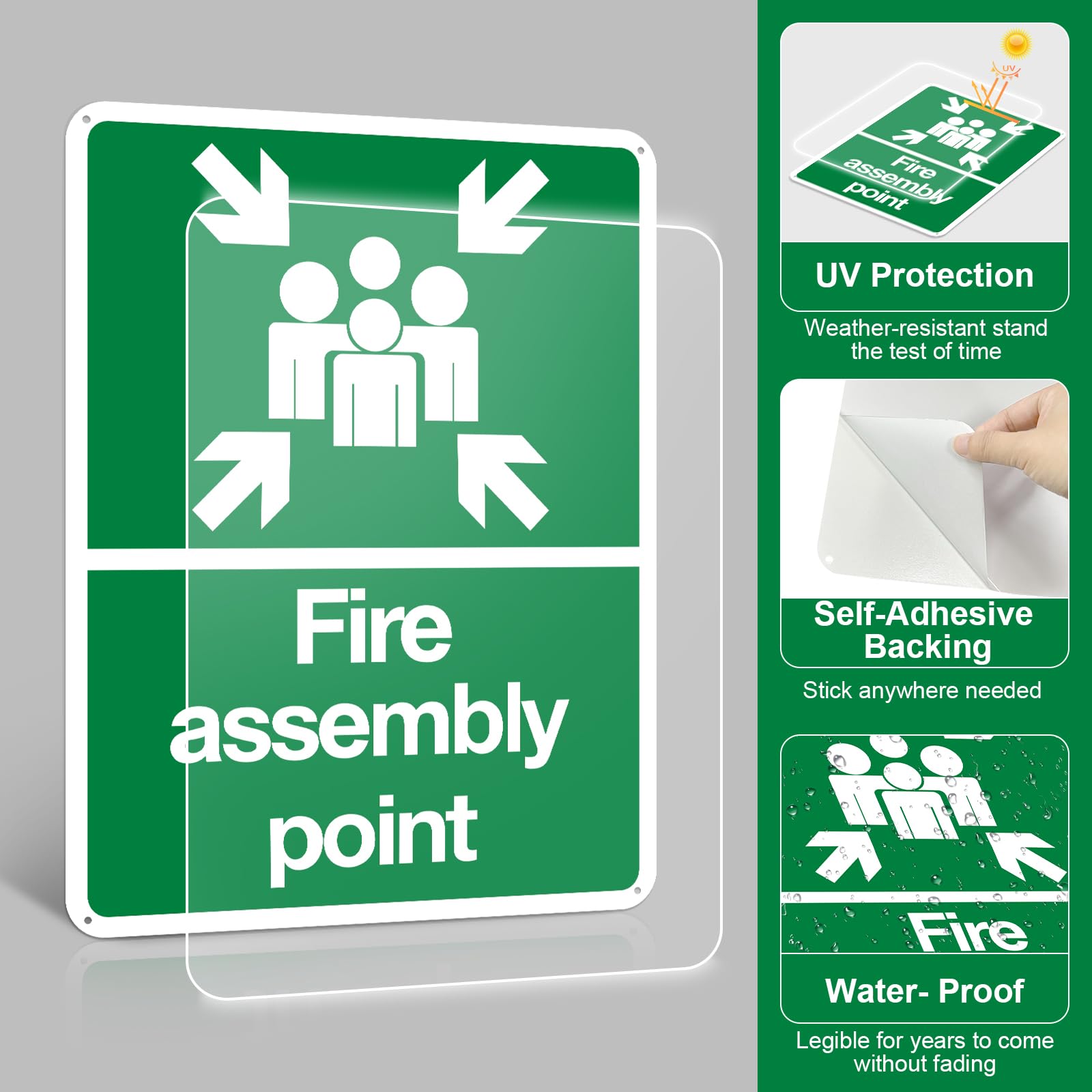 KKUOYT Fire Assembly Point Sign Outdoor 400 x 300 x 1mm Rigid Plastic Assembly Point Sign large Fire Safety Signs for Buildings Schools - Image 3