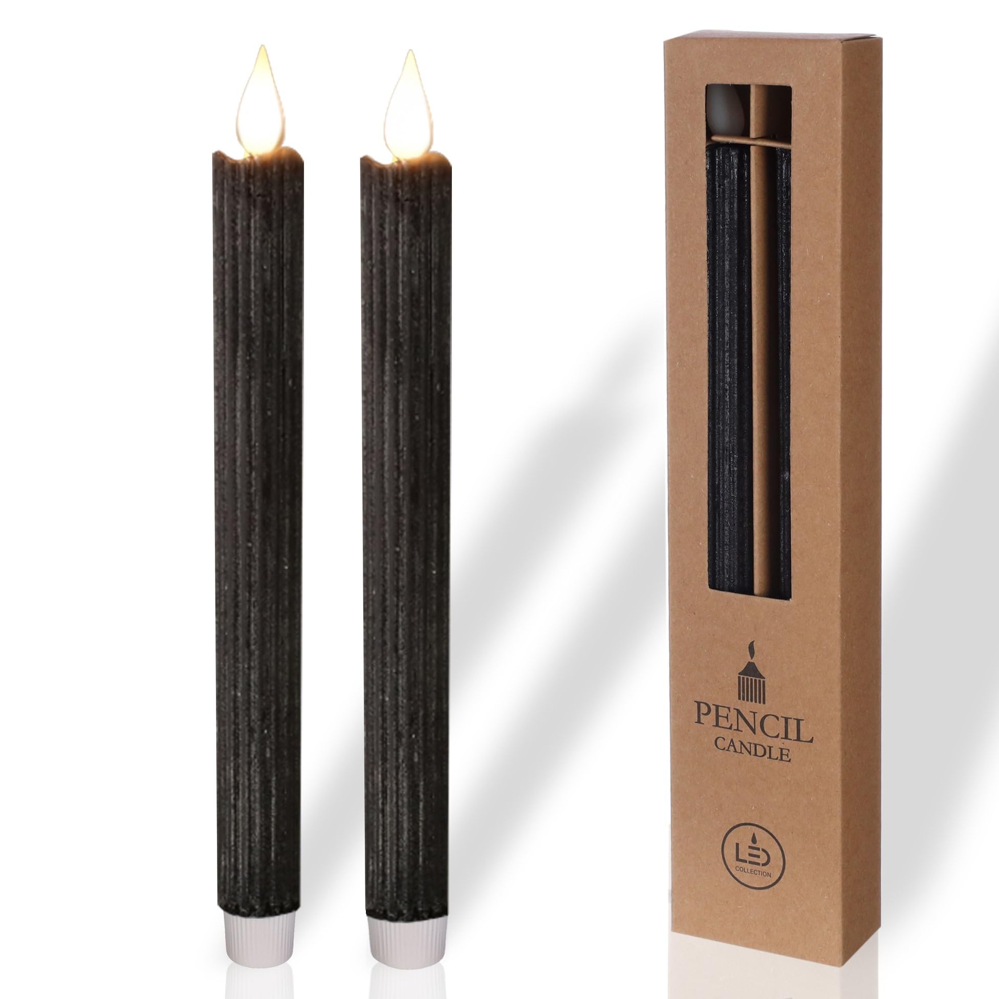 Comforder Black Real Wax Led Taper Candle Electric -Flickering Candles Battery Operated (Set Of 2), Electric Candles Flickering With Timer Function (Black)