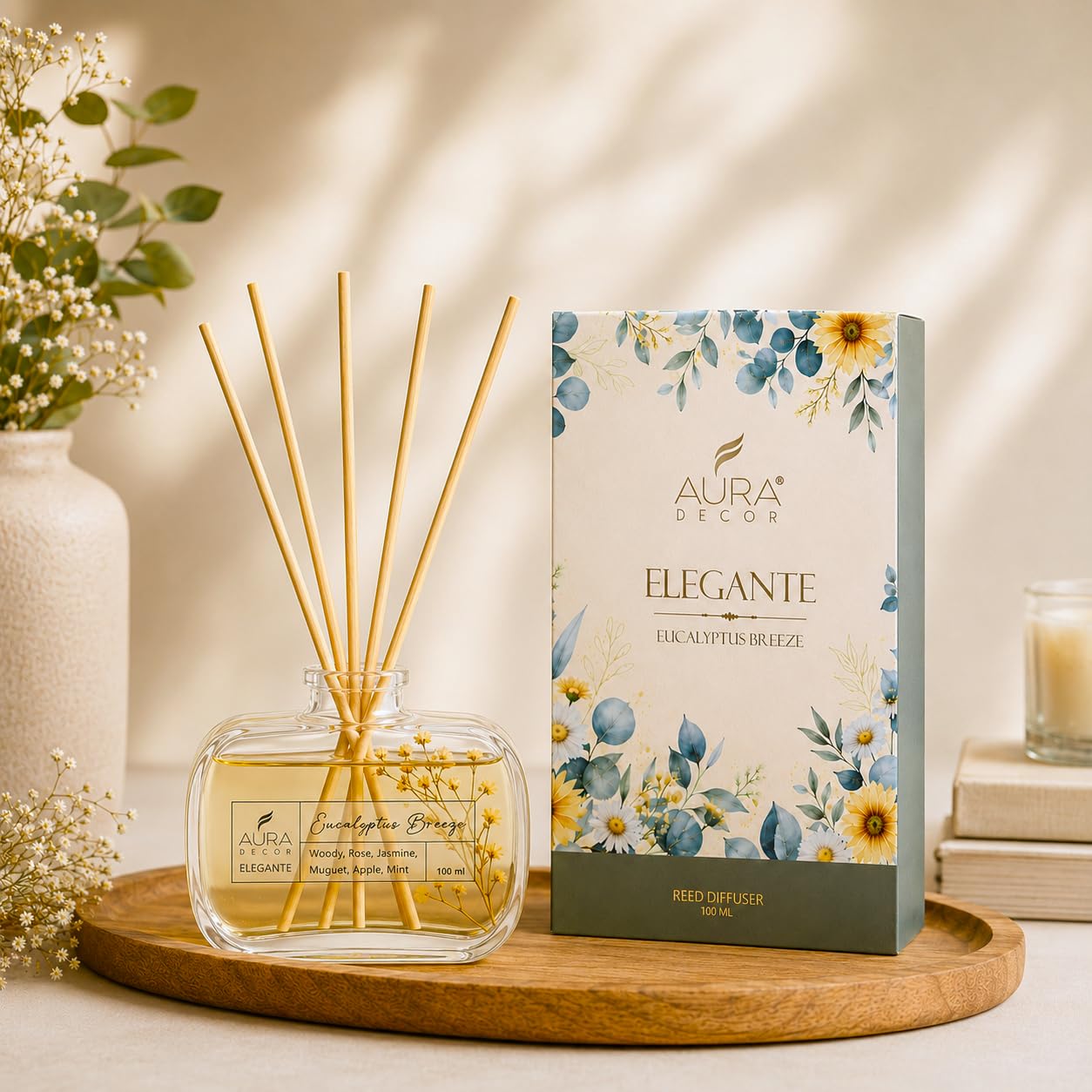 AuraDecor Elegante Reed Diffuser Gift Set 100ml | Eucalyptus Breeze Scented Reed Diffuser with 5 Black Fiber Reeds | Long Lasting Home Fragrance for Living Room, Bedroom, Bathroom & Office-image-39