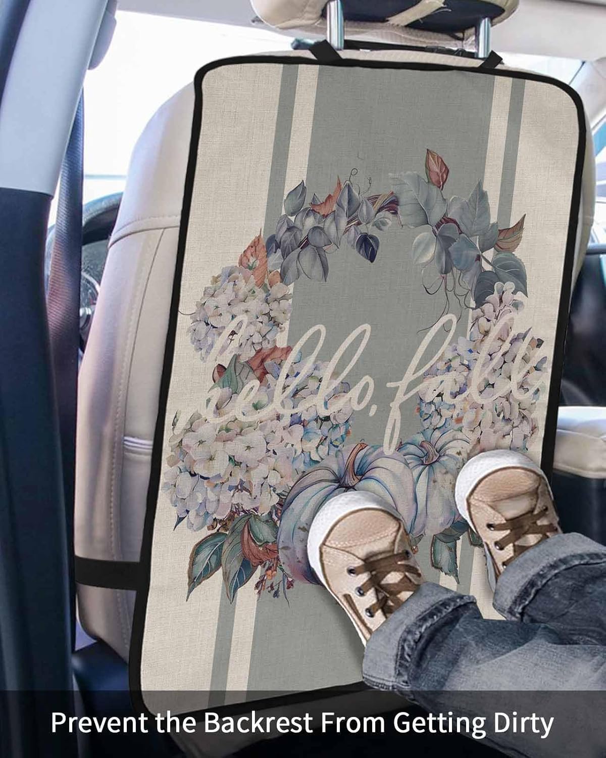 Car Seat Protector, 2 Pack Kick Mats Back Seat Protector Fall Thanksgiving Pumpkin Leaves Wreath Grey Striped Linen Waterproof Backseat Cover for Kids Universal Fit Automotive Interior Protectors