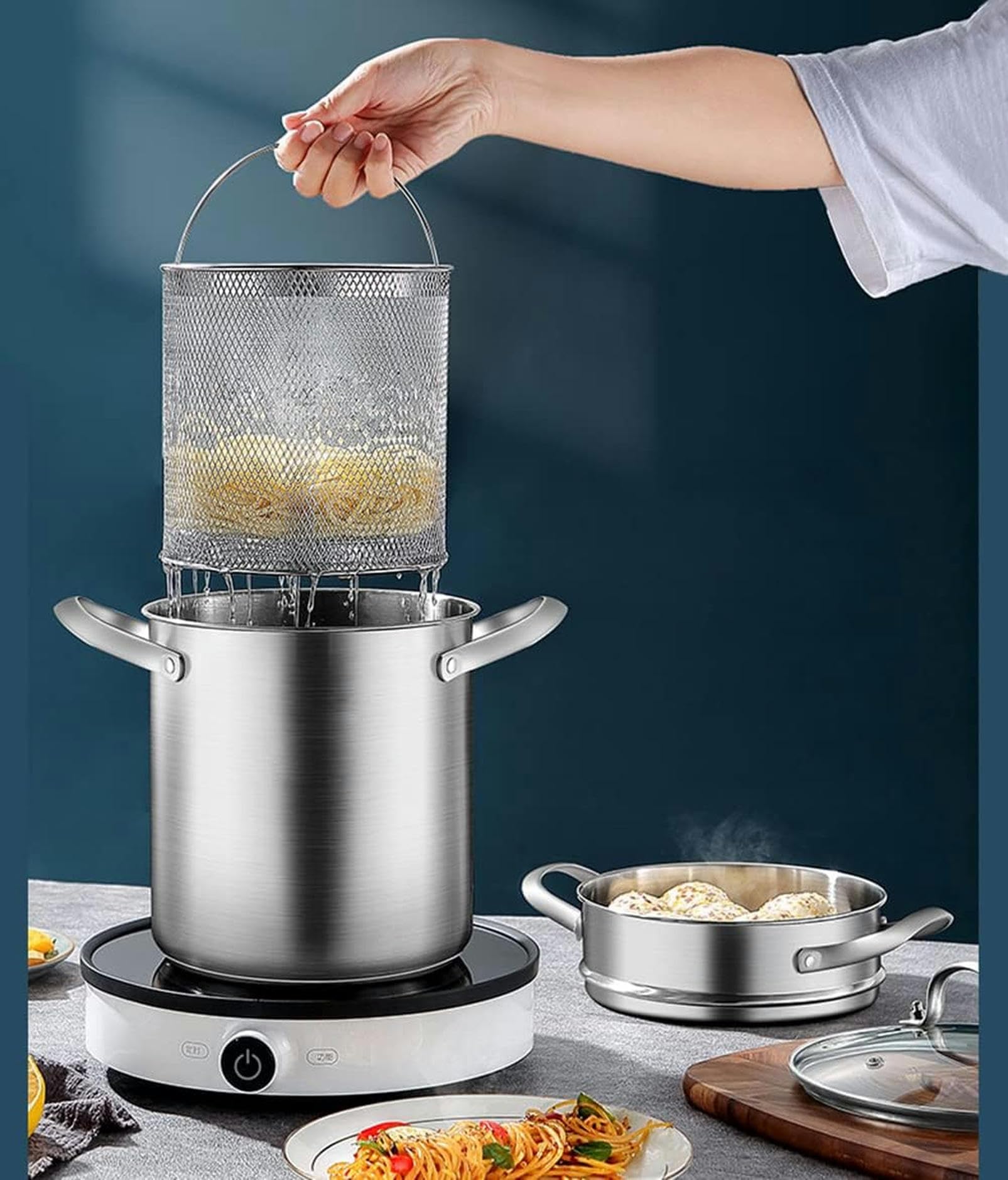 Marmite à Asperges en Acier Inoxydable 304, cuiseur à Vapeur pour Asperges, légumes, pâtes, poêle à Frire avec Panier métallique et Couvercle, 4,5 L, sans BPA, Argent