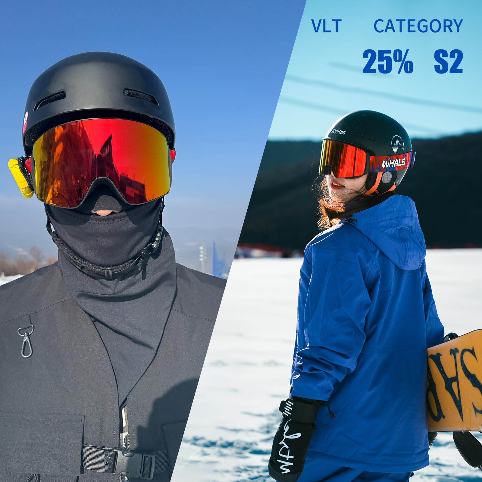 Whale Lunettes de ski OTG anti-buée sans monture pour homme, femme et jeune – Protection UV à 100 %
