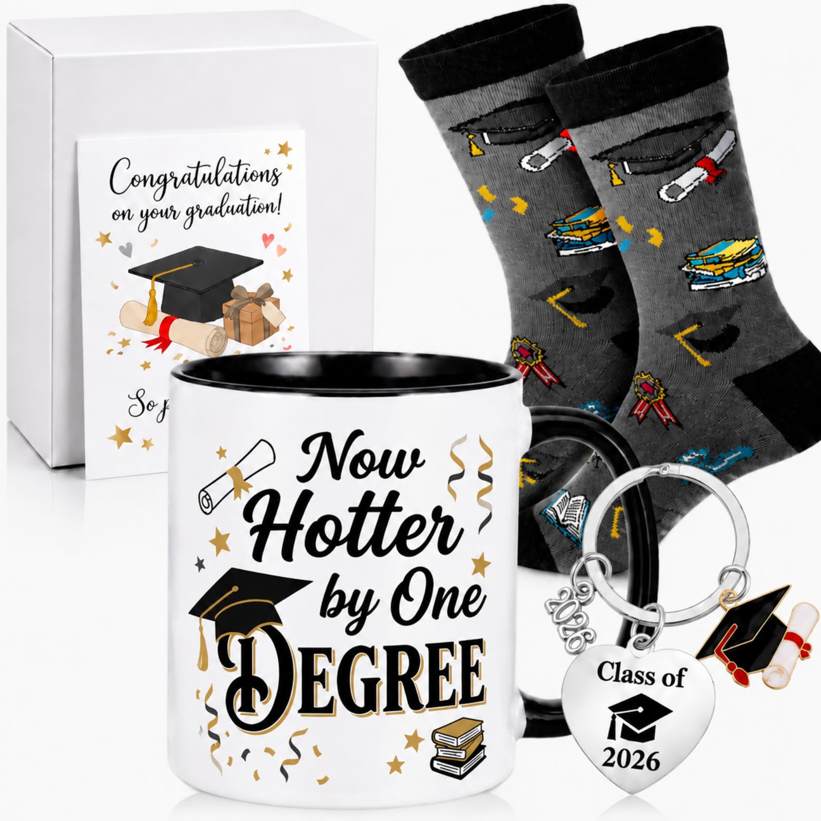 Hestya Graduation Gifts 2026 for Her Him, High School Through University and College Gift Set, Includes Mug, Socks, Keychain & Card, Ideal for Daughter, Son, Friend, Sister, Brother or Mate