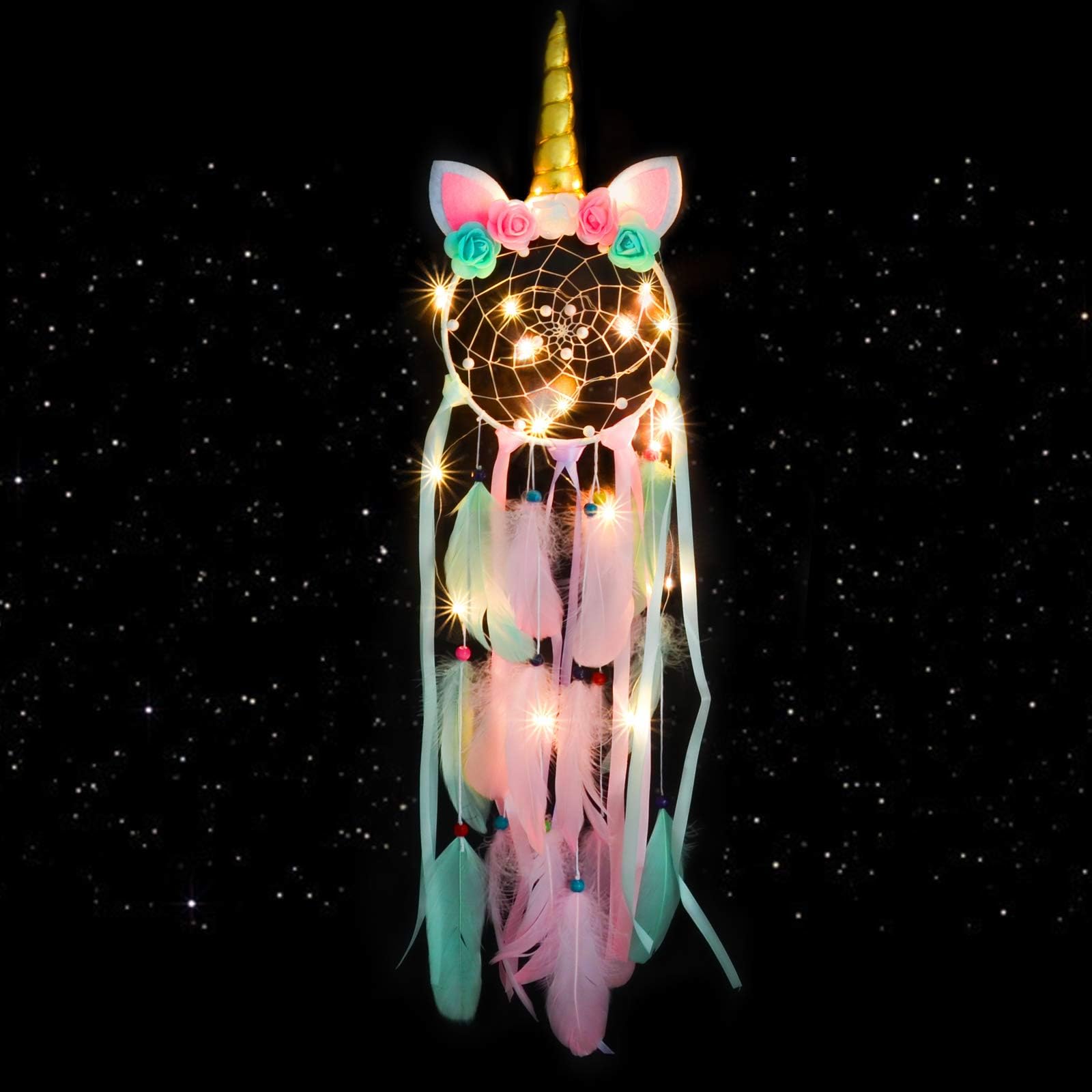 MMTX Unicorn Dream Catchers for Kids, Handmade Flower Pink Dream Catcher for Girls Bedroom Wall Hanging Decoration (LED-Pink2)