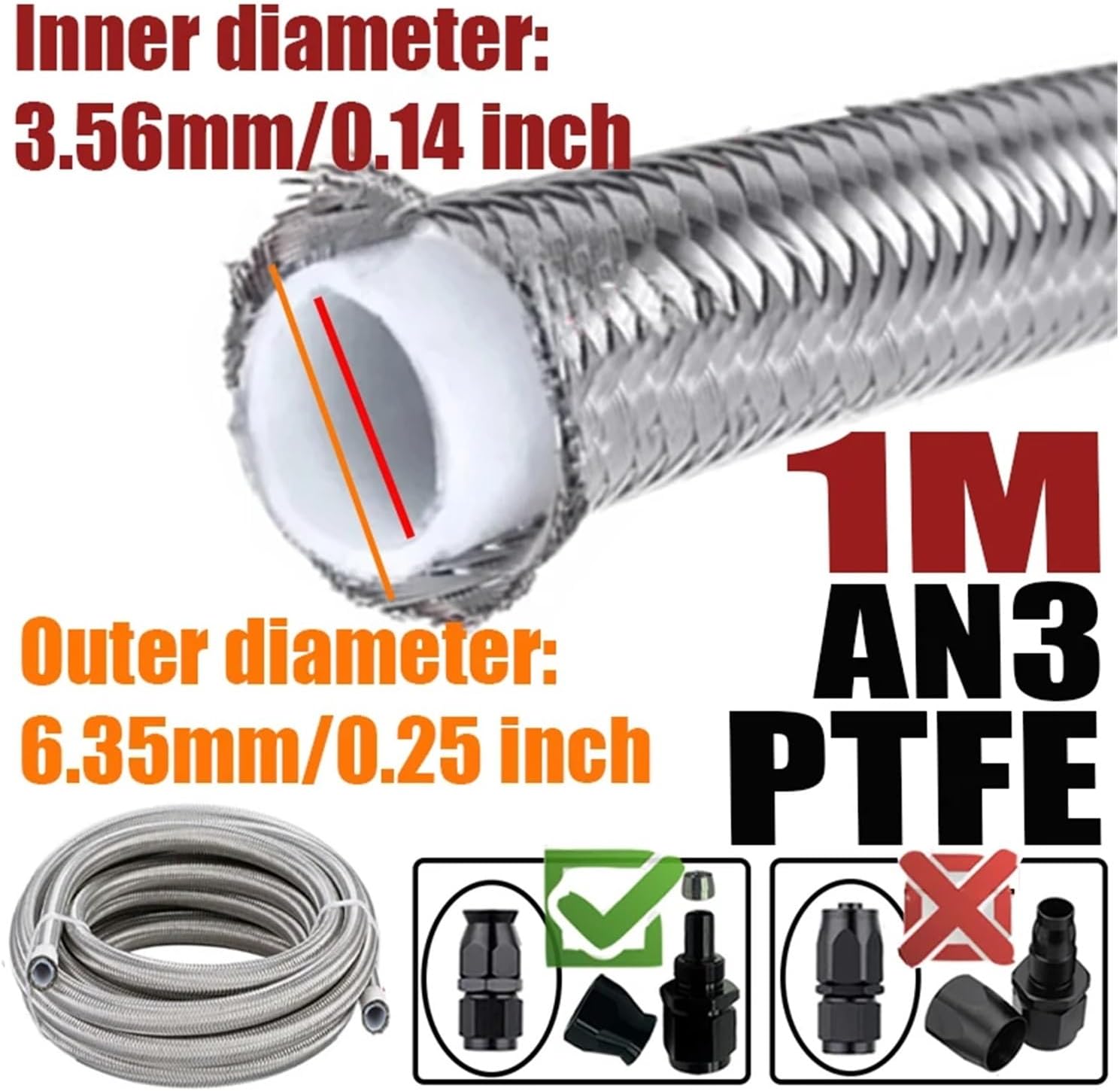 0.5M/1M/1.5M/2M 3AN 4AN 6AN 8AN 10AN E85 PTFE Fuel Hose Oil Gas Cooler Line Turbo Pipe Brake Tube 304 Stainless Steel Braided(1M AN6 ID8.13mm)