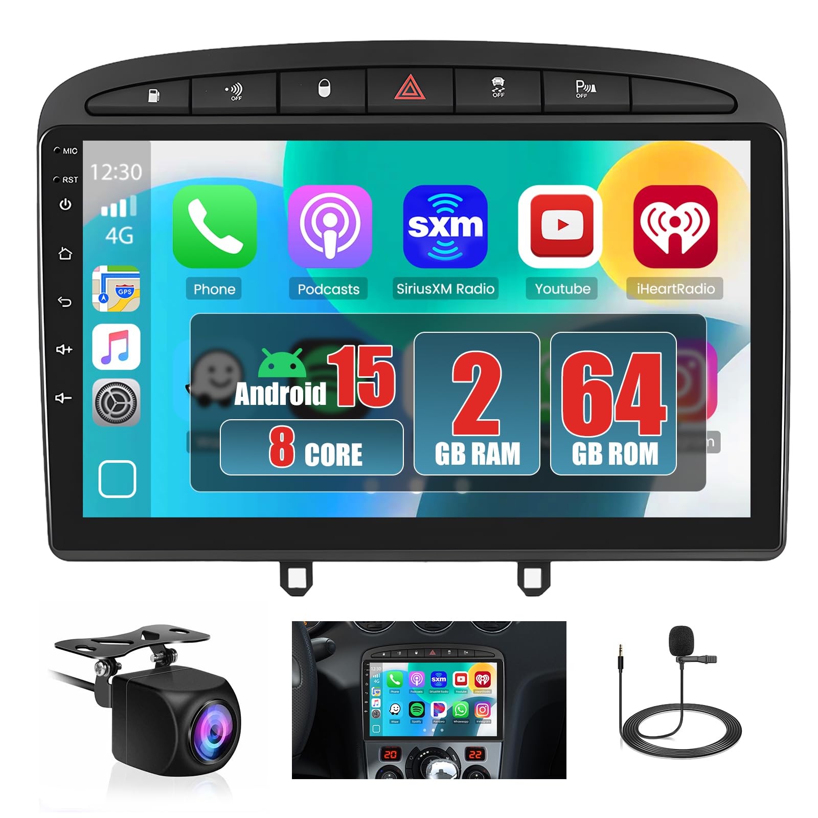 Hikity [8-rdzeniowy 2+64G] Android 15 Radio, bezprzewodowe CarPlay Android Auto, dla Peugeot 308/408 2007-2013, 9-calowy ekran, Bluetooth, Mirror Link, Nawigacja GPS, WiFi, DSP, FM, RDS, SWC