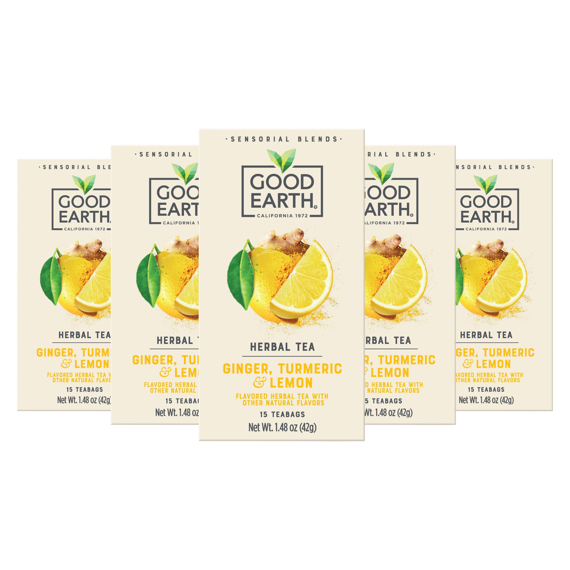 Good Earth Sensorial Blend Flavored Herbal Tea Ginger, Turmeric and Lemon, No Artificial Color, No Preservatives, 15 Bag (Pack of 5)