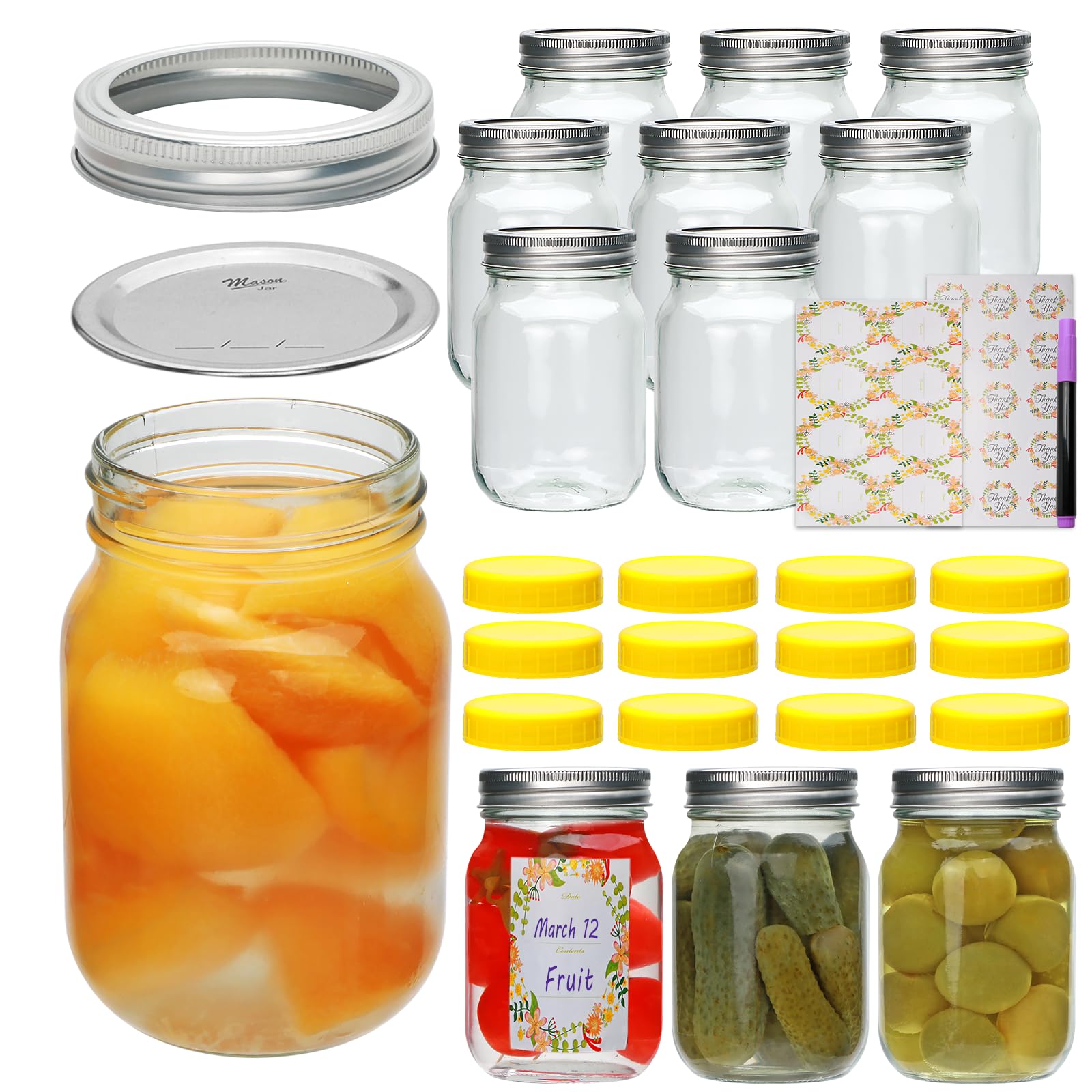 Accguan Mason Jars - 16 oz Glass Jars with Lids and Bands, Ideal for Jam, Honey, Shower/Wedding Favors - Clear, 12 Pack - Two Types of Lids