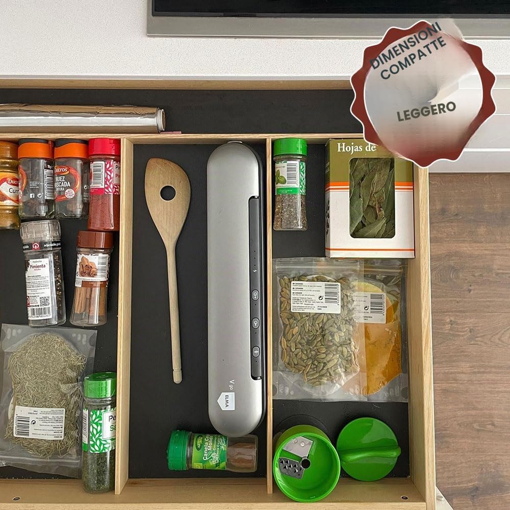 ELMA Macchina Sottovuoto a Bateria, Macchina Sottovuoto Domestica V Go per il Confezionamento di Alimenti Secchi | Wireless, Barra Saldante 30 cm, 37,6 x 7,8 x 5,8 cm | Include 1 Rotolo di Sacchetti
