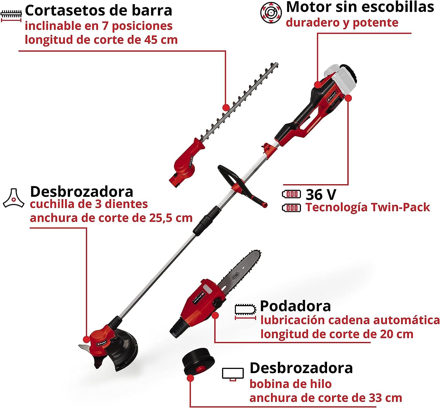 Einhell herramienta multifunción alimentada GE-LM 36/4 en 1 Li-Solo Power X-Change (Li Ion, 2x 18 V, motor sin escobillas, el cabezal del cortasetos se puede inclinar 7 veces, sin batería ni cargador)