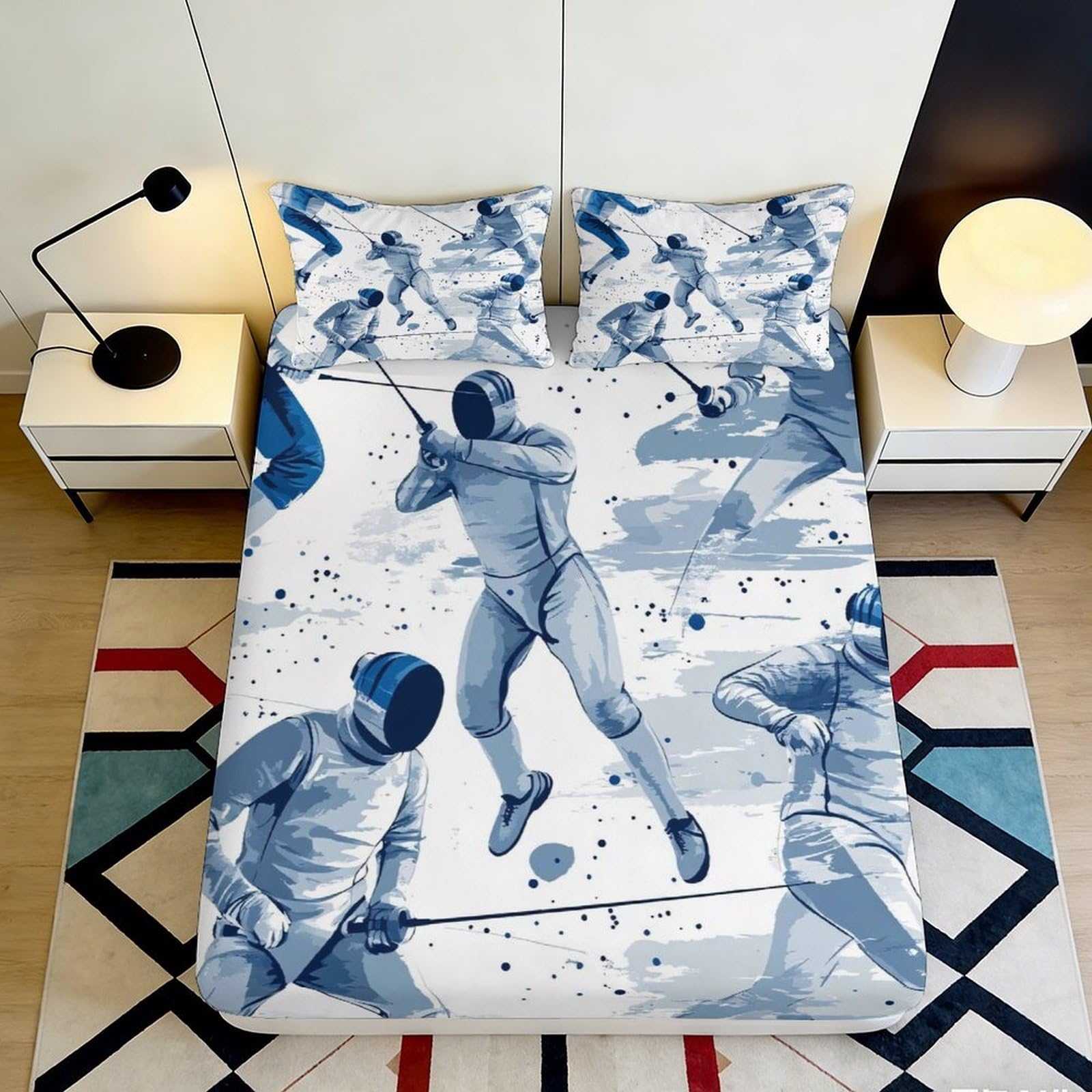 3D Printed Fencing Athlete Fitted Sheet Microfiber Bedroom Decor Sport Theme Mattress Cover for Home Guest Room Dorm 90x200x25cm