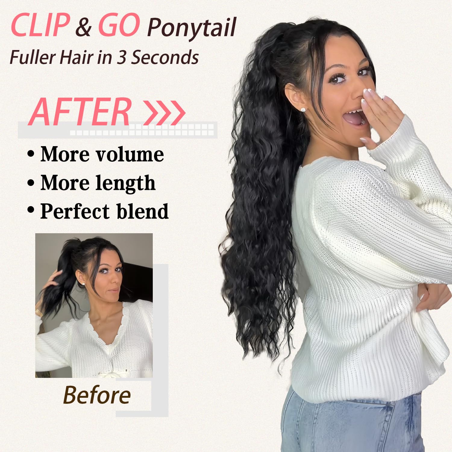 ORSUNCER Claw Long Wavy Ponytail Extension Black Brown 30" Curly Pony Tail Clip in Hair Extensions for Women fluffy Natural Looking Synthetic Hairpiece for Daily Use