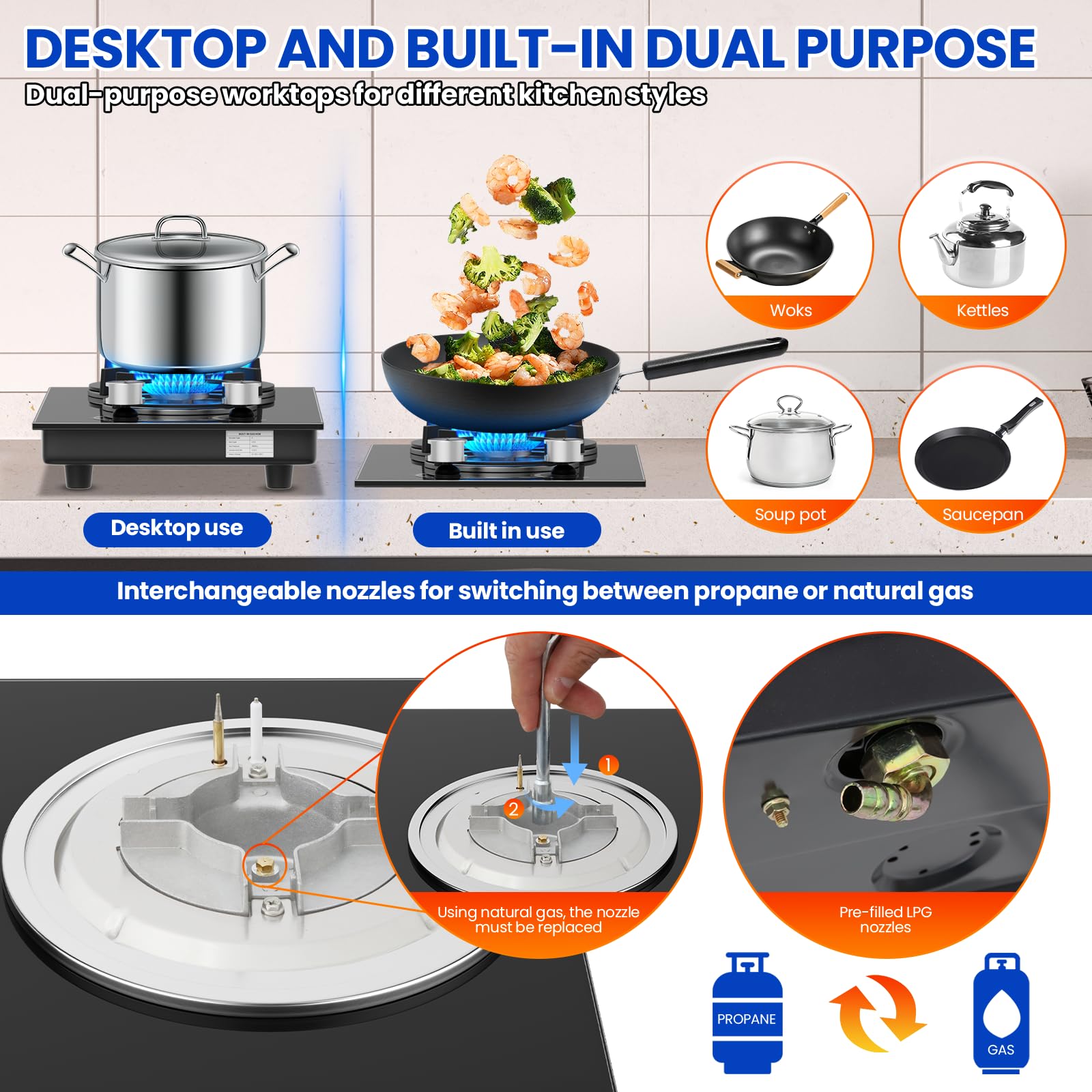 Plaque de cuisson à gaz à 2 feux à gaz, encastrable en verre, plaque de cuisson avec protection automatique de la flamme, avec supports en fonte, gaz naturel et gaz propane