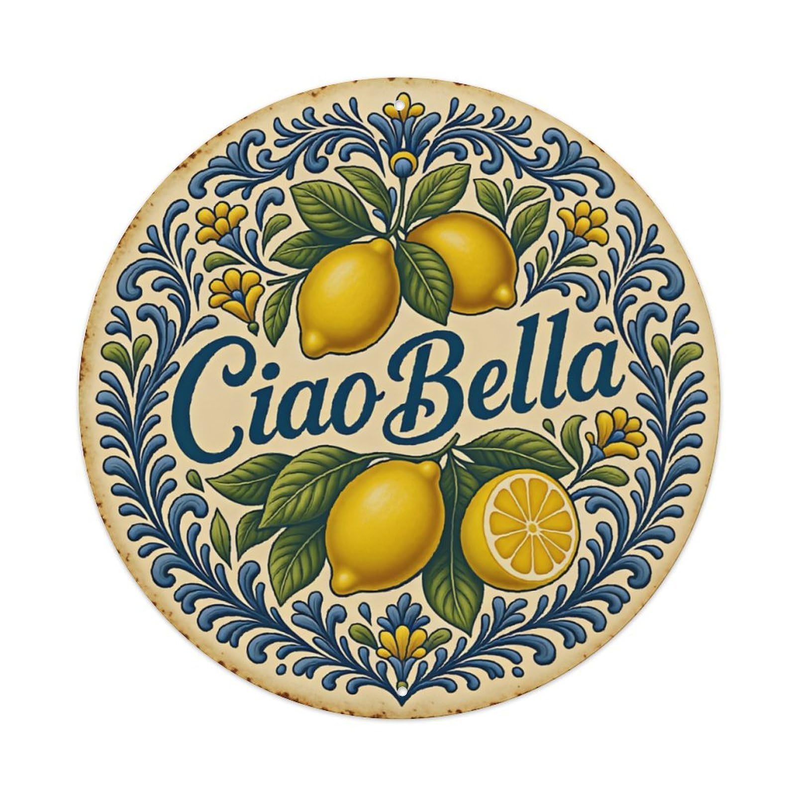 Italian Lemon Ciao Bella Vintage Round Wall Sign Vintage Aluminium Metal Sign, Retro Wall Decor for Home, Bar, Garage & Farmhouse 20x20cm